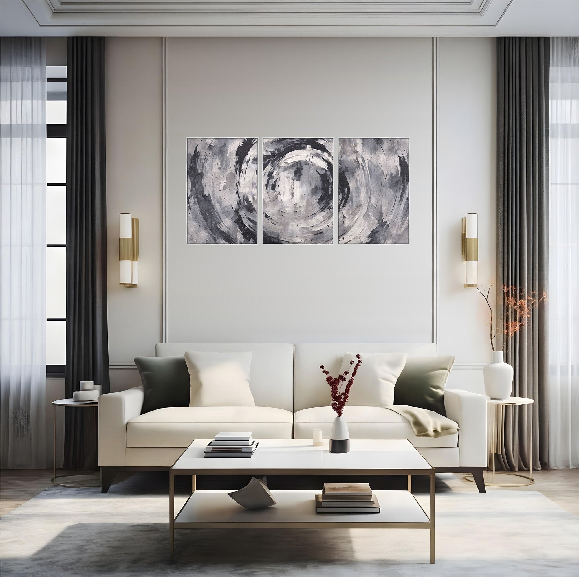 Set 3 Tablouri Canvas Premium LuxCanva® C3-1217, Abstract Round Paint, Culori, Decorativ, Living Room, Culori Vibrante