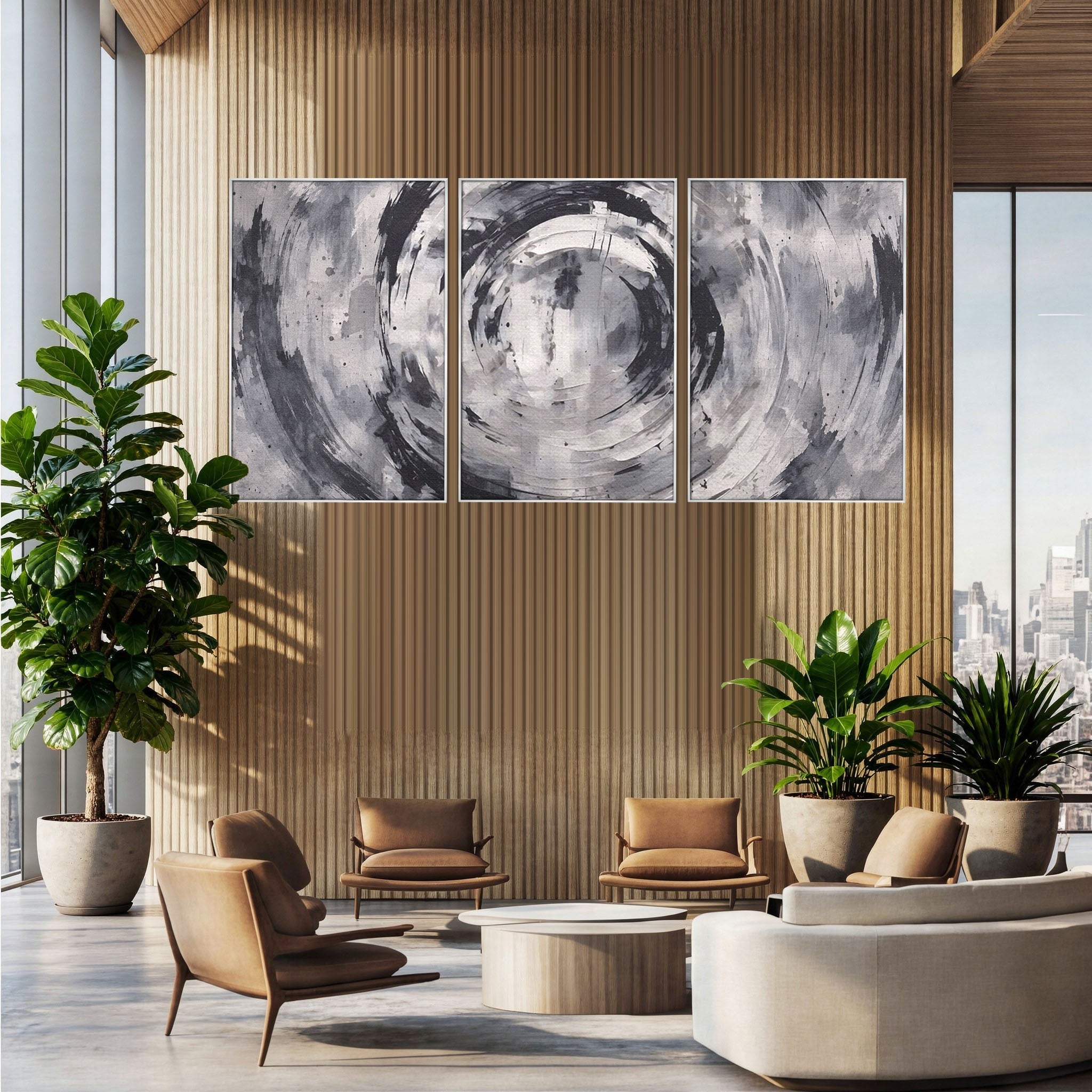 Set 3 Tablouri Canvas Premium LuxCanva® C3-1217, Abstract Round Paint, Culori, Decorativ, Living Room, Culori Vibrante