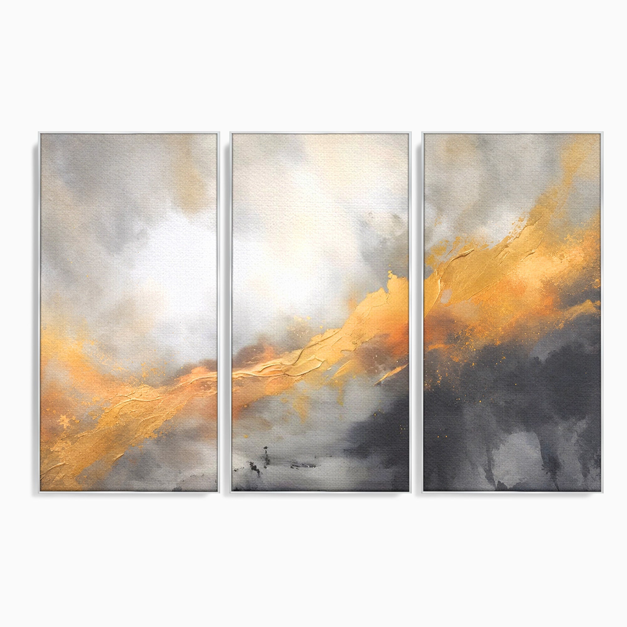 Set 3 Tablouri Canvas Premium LuxCanva® C3-1237, Gold And Grey Abstract Painting, Relaxare, Living Room, Culori Vibrante