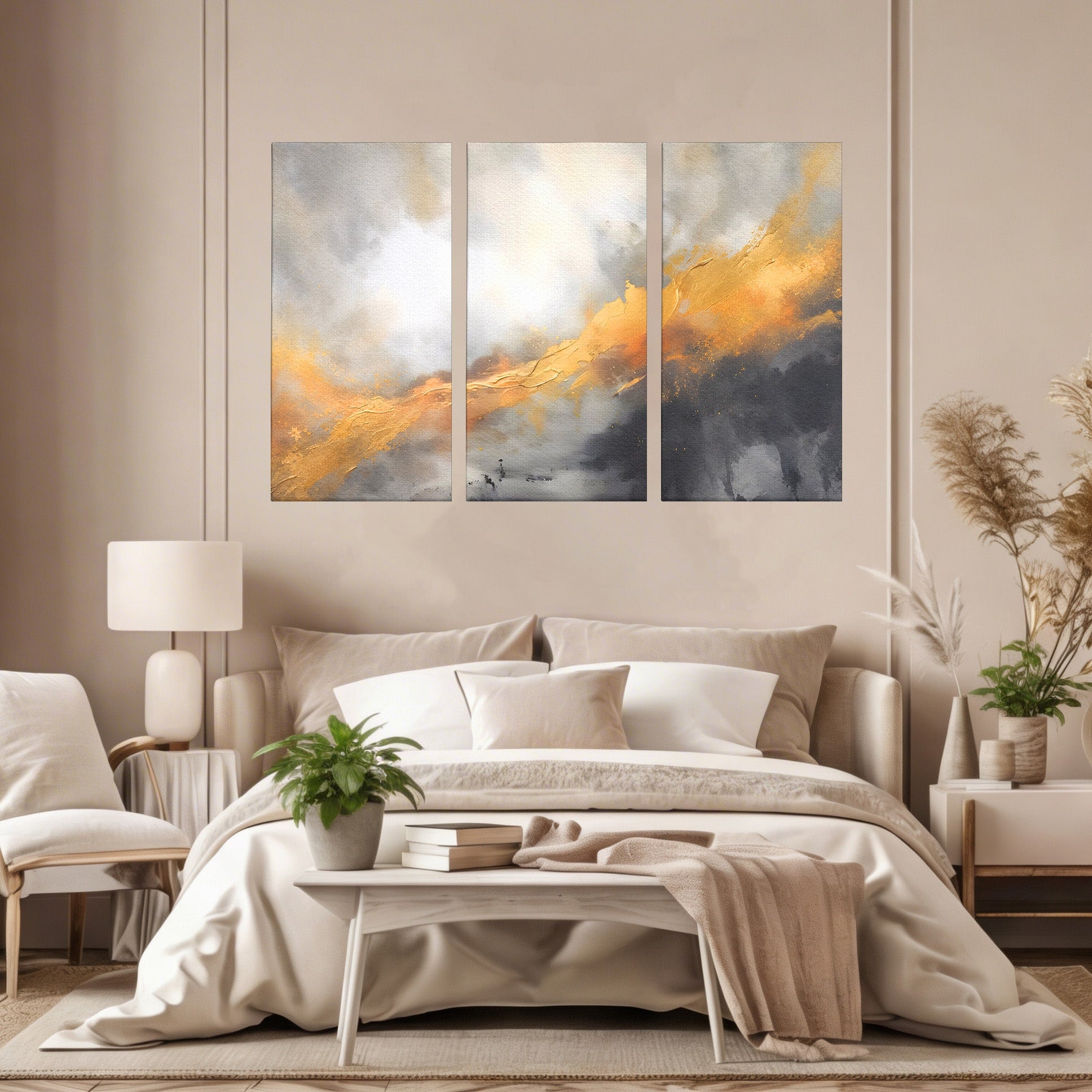Set 3 Tablouri Canvas Premium LuxCanva® C3-1237, Gold And Grey Abstract Painting, Relaxare, Living Room, Culori Vibrante