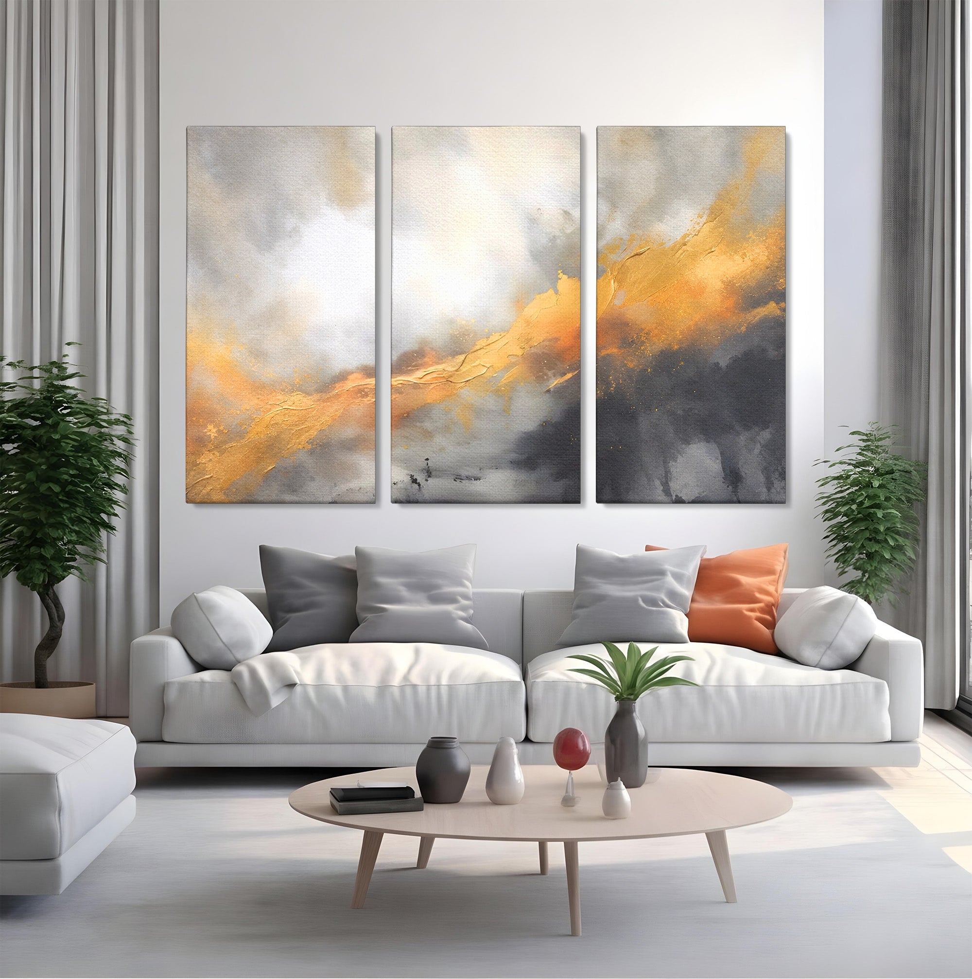 Set 3 Tablouri Canvas Premium LuxCanva® C3-1237, Gold And Grey Abstract Painting, Relaxare, Living Room, Culori Vibrante