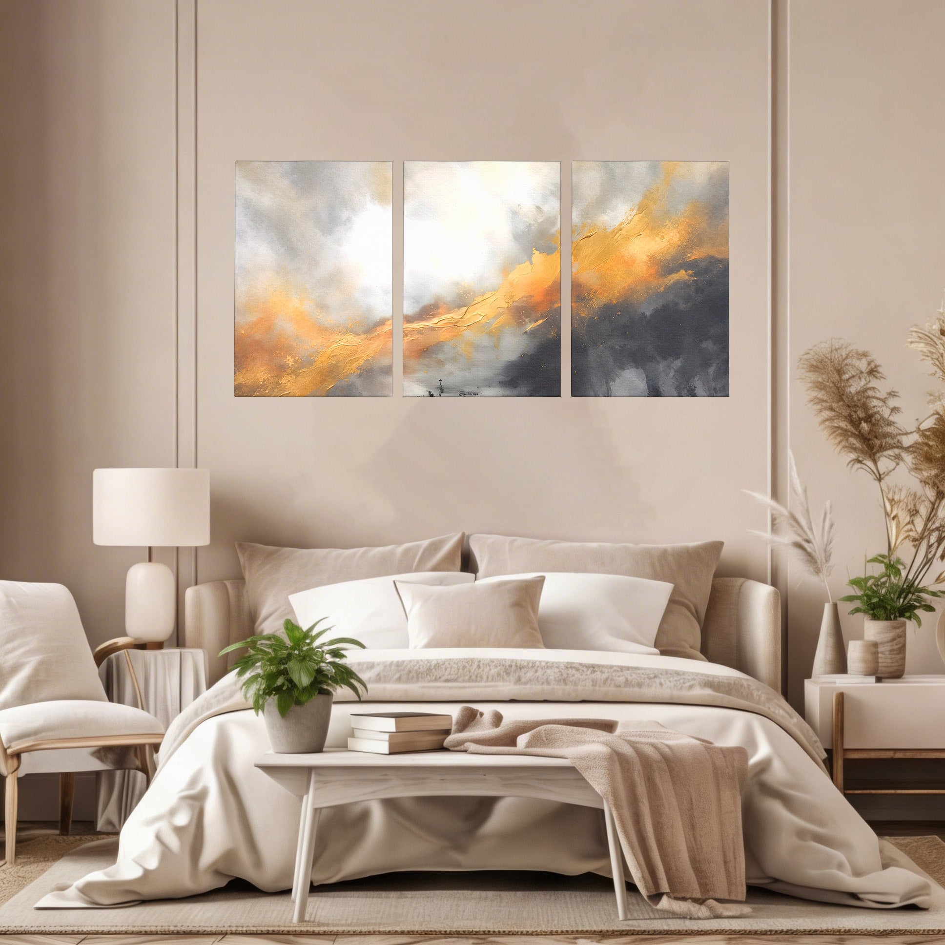 Set 3 Tablouri Canvas Premium LuxCanva® C3-1237, Gold And Grey Abstract Painting, Relaxare, Living Room, Culori Vibrante