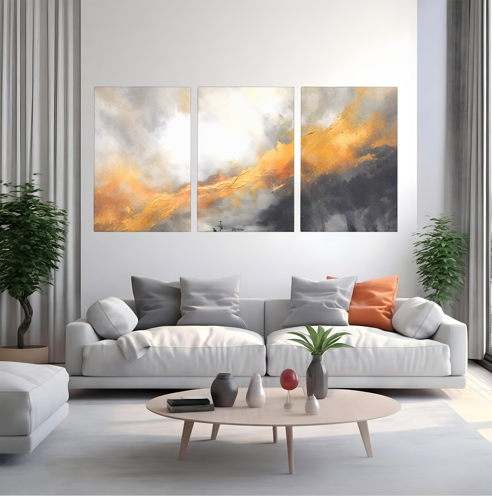 Set 3 Tablouri Canvas Premium LuxCanva® C3-1237, Gold And Grey Abstract Painting, Relaxare, Living Room, Culori Vibrante