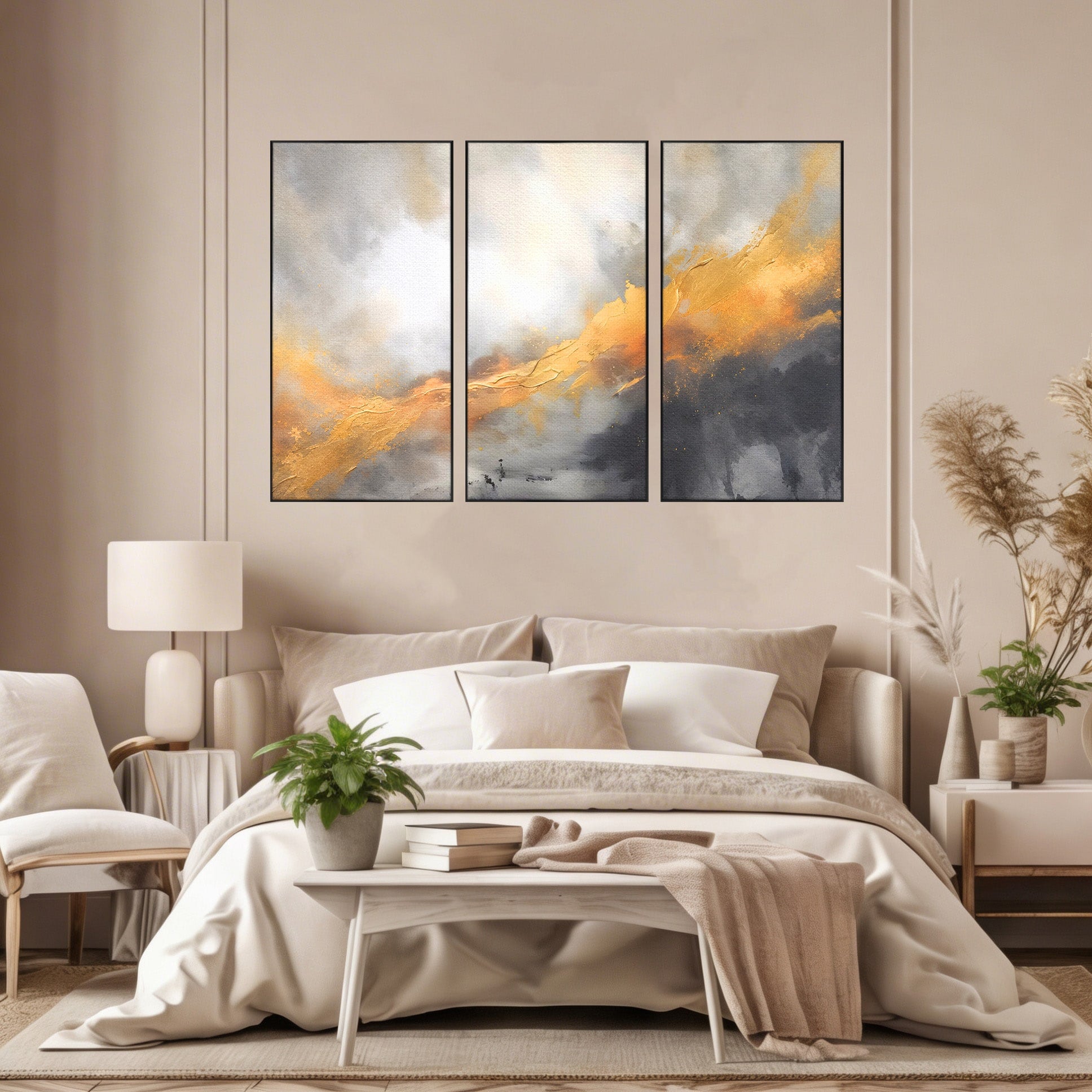 Set 3 Tablouri Canvas Premium LuxCanva® C3-1237, Gold And Grey Abstract Painting, Relaxare, Living Room, Culori Vibrante