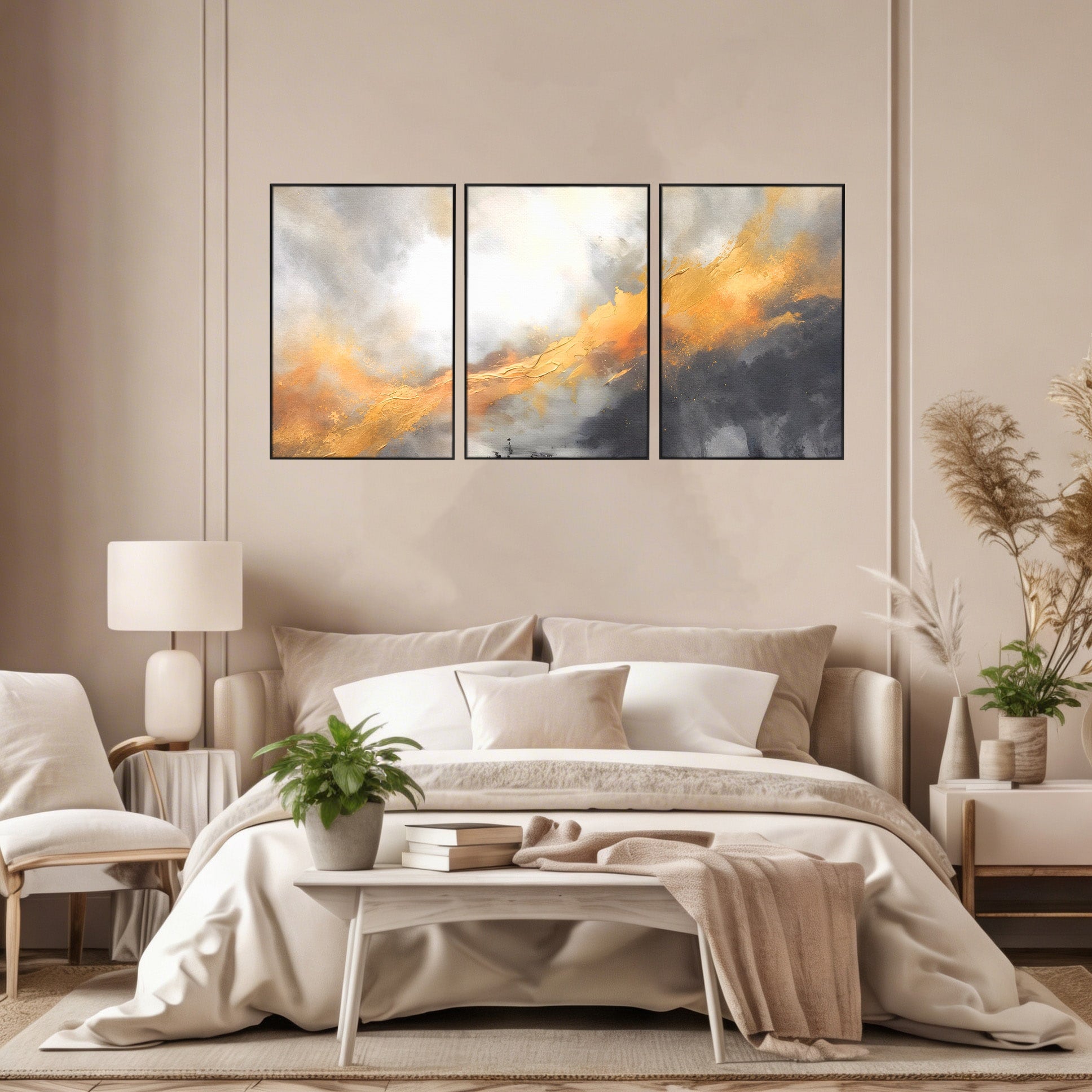 Set 3 Tablouri Canvas Premium LuxCanva® C3-1237, Gold And Grey Abstract Painting, Relaxare, Living Room, Culori Vibrante