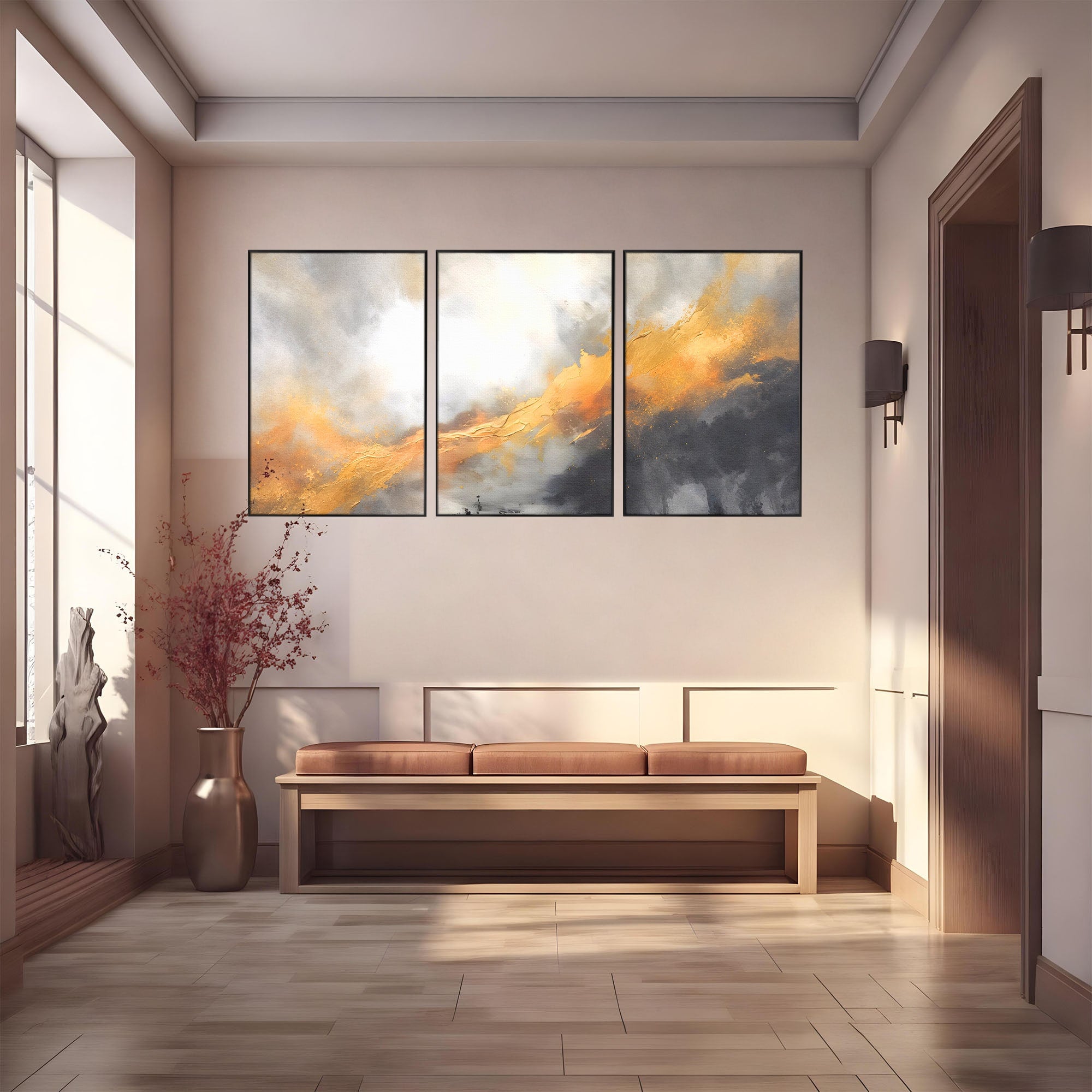 Set 3 Tablouri Canvas Premium LuxCanva® C3-1237, Gold And Grey Abstract Painting, Relaxare, Living Room, Culori Vibrante