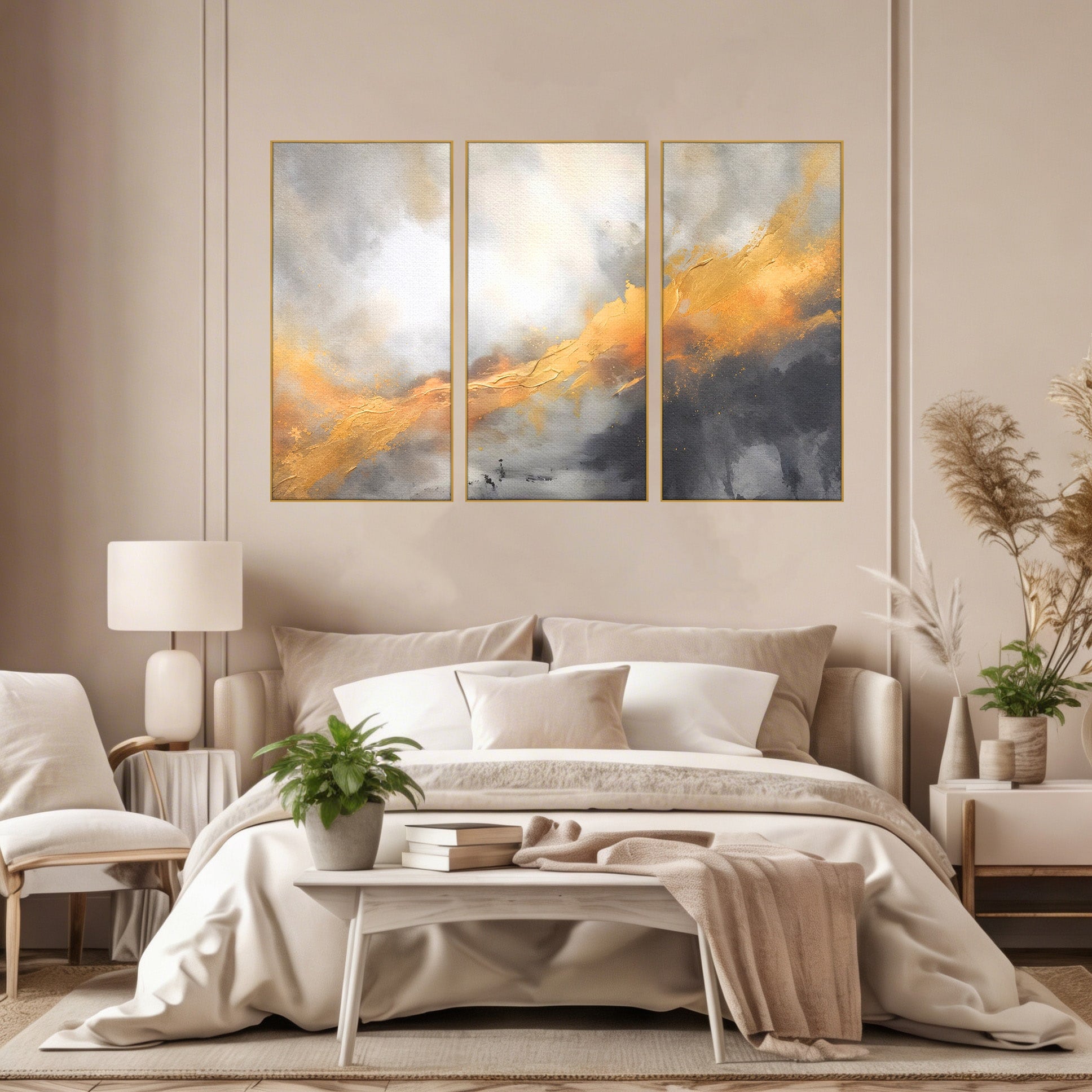 Set 3 Tablouri Canvas Premium LuxCanva® C3-1237, Gold And Grey Abstract Painting, Relaxare, Living Room, Culori Vibrante