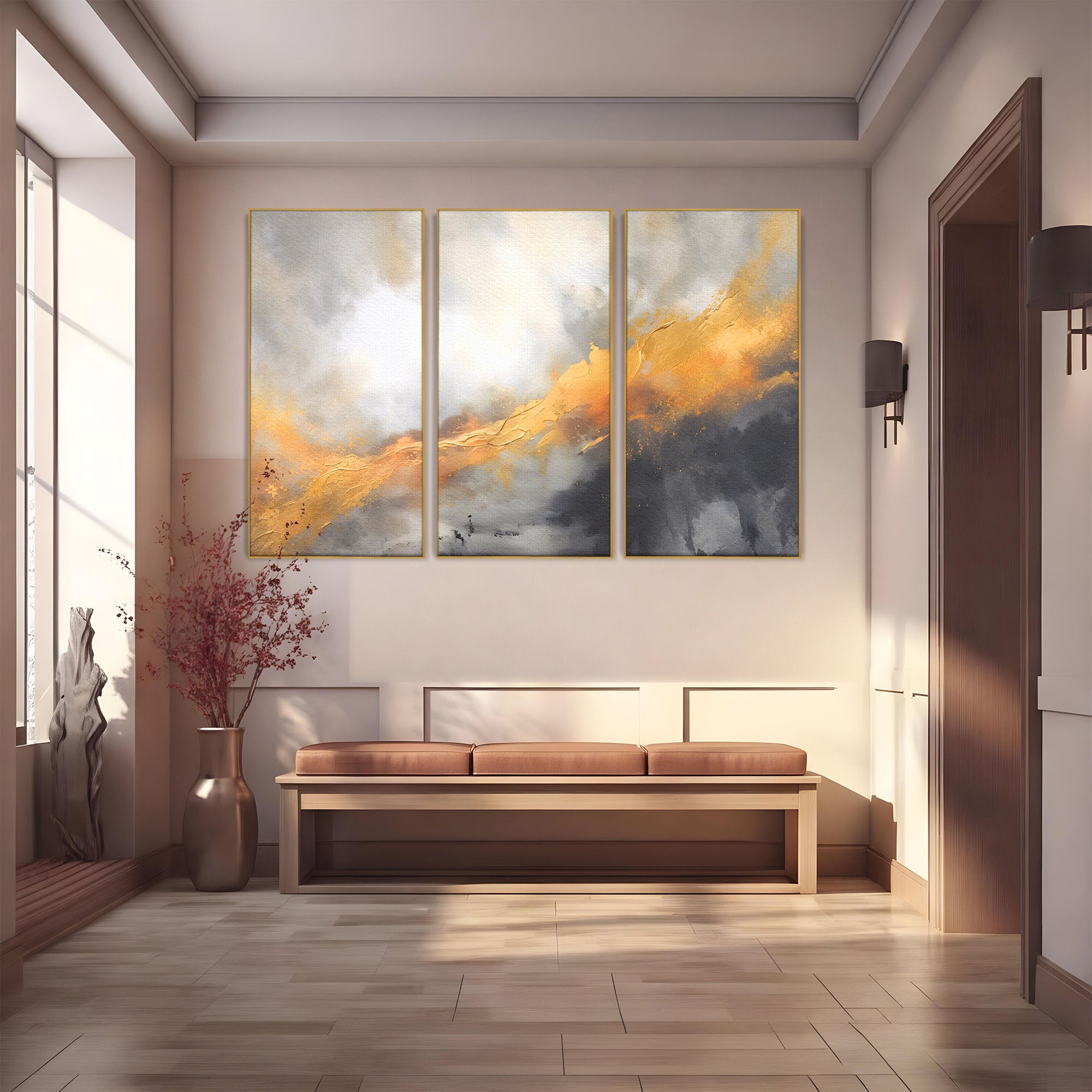 Set 3 Tablouri Canvas Premium LuxCanva® C3-1237, Gold And Grey Abstract Painting, Relaxare, Living Room, Culori Vibrante