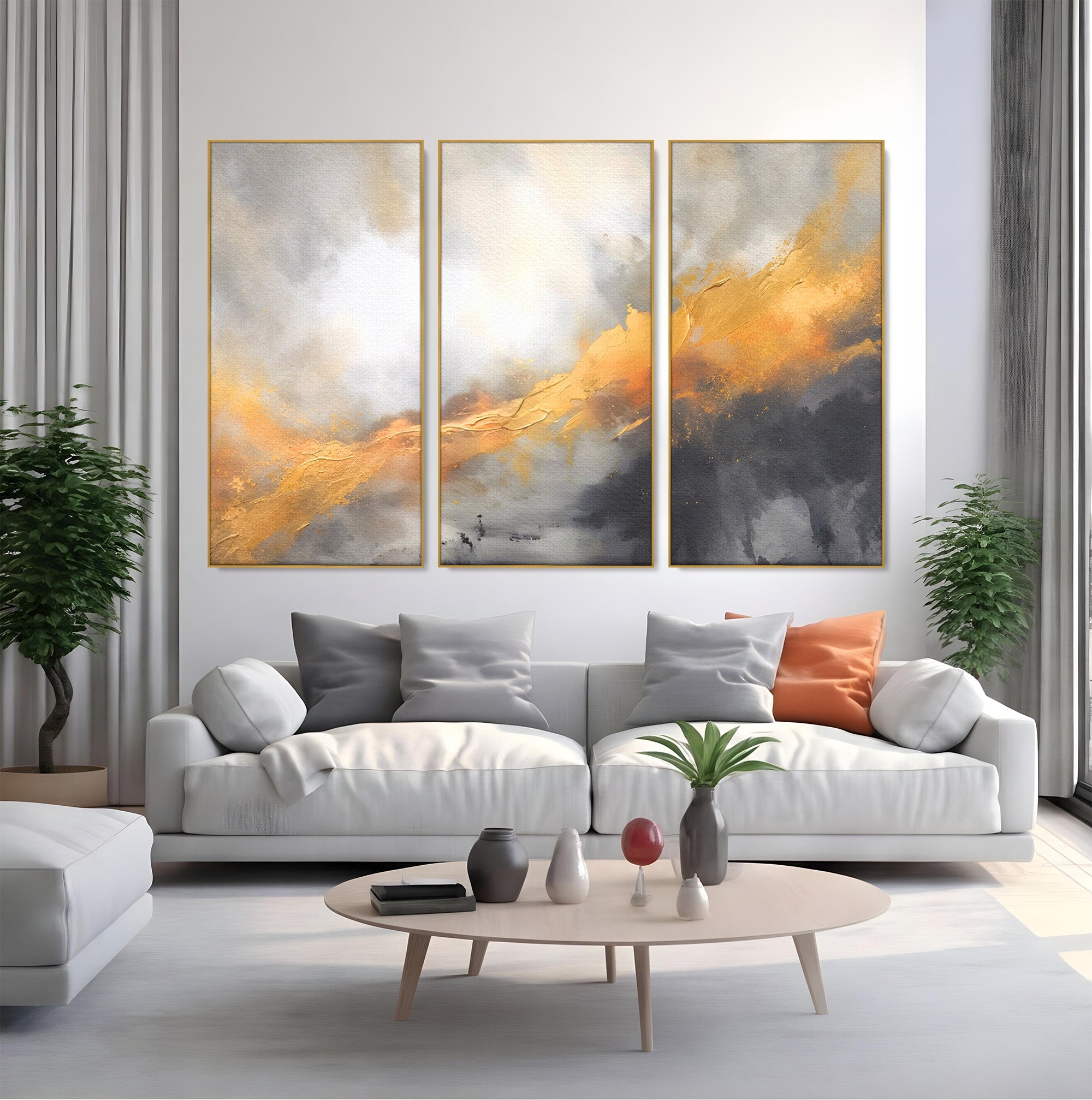 Set 3 Tablouri Canvas Premium LuxCanva® C3-1237, Gold And Grey Abstract Painting, Relaxare, Living Room, Culori Vibrante