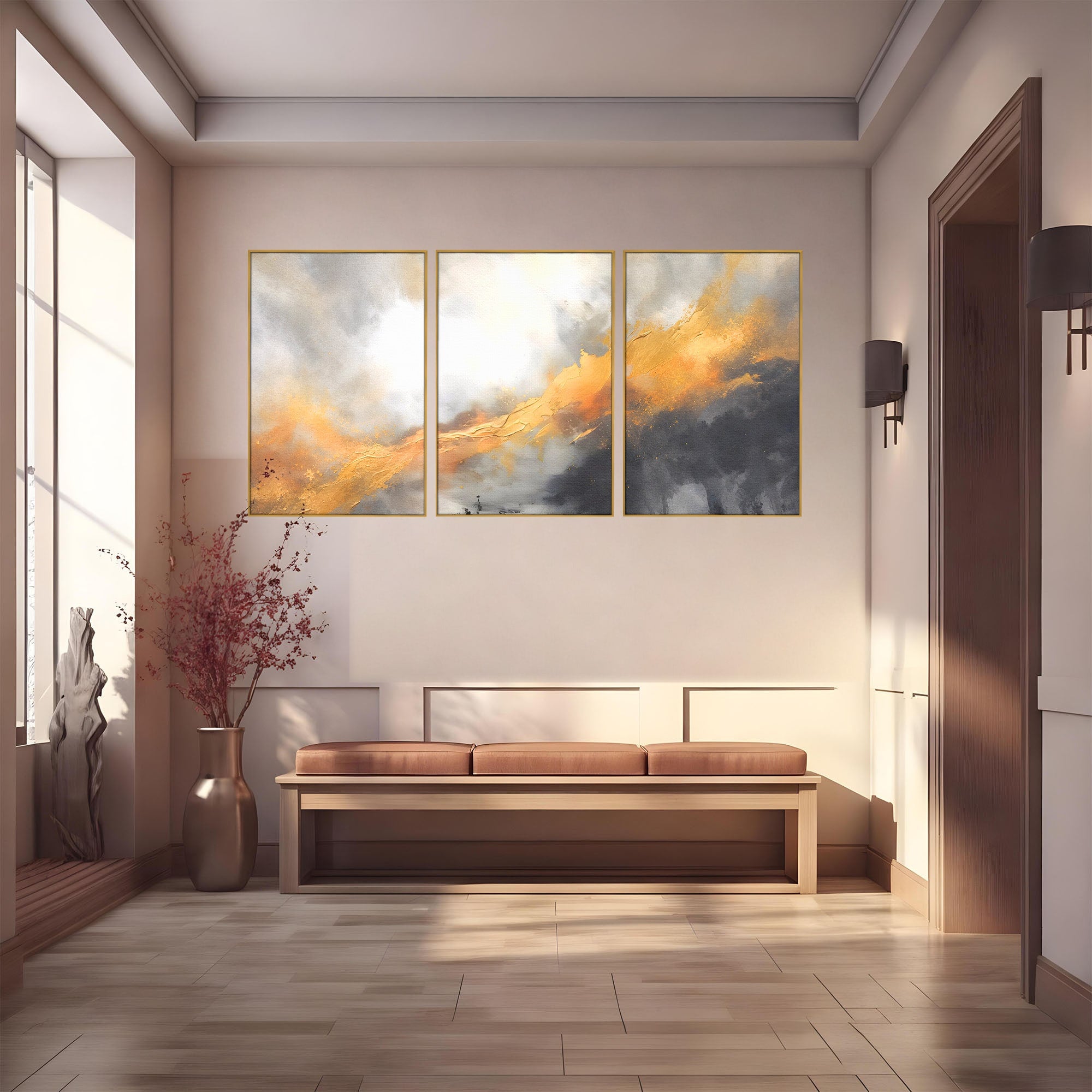 Set 3 Tablouri Canvas Premium LuxCanva® C3-1237, Gold And Grey Abstract Painting, Relaxare, Living Room, Culori Vibrante