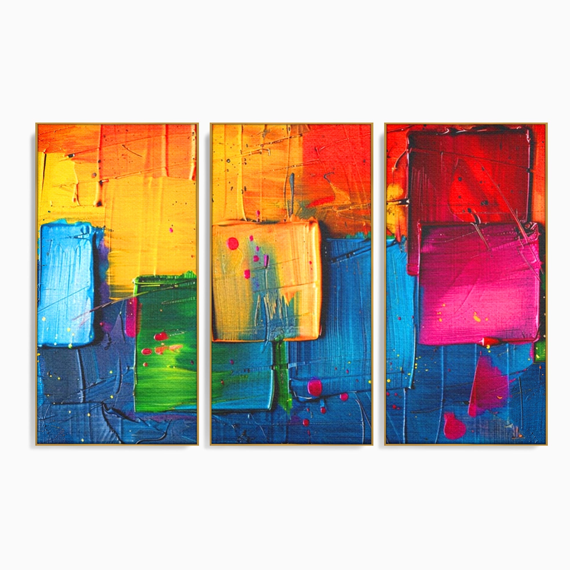Set 3 Tablouri Canvas Premium LuxCanva® C3-1269, Blocuri de lumina, Geometrie, Culori, Fragmente, Compozitie, Urban, Impuls, Creativitate, Expresivitate, Expozitie, Iubire, Birou, Living, Dormitor