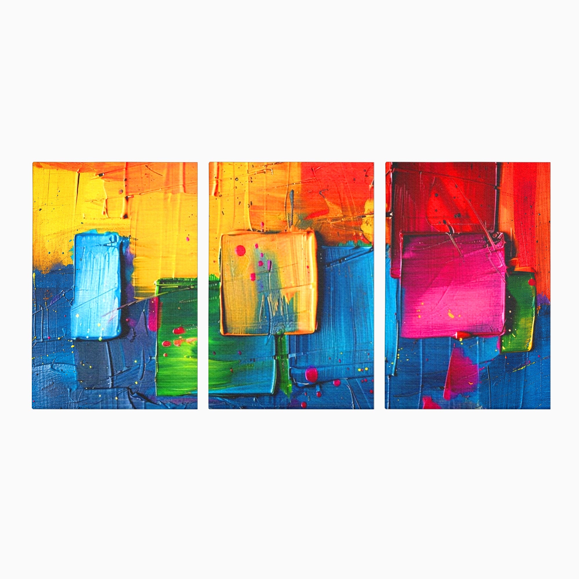 Set 3 Tablouri Canvas Premium LuxCanva® C3-1269, Blocuri de lumina, Geometrie, Culori, Fragmente, Compozitie, Urban, Impuls, Creativitate, Expresivitate, Expozitie, Iubire, Birou, Living, Dormitor