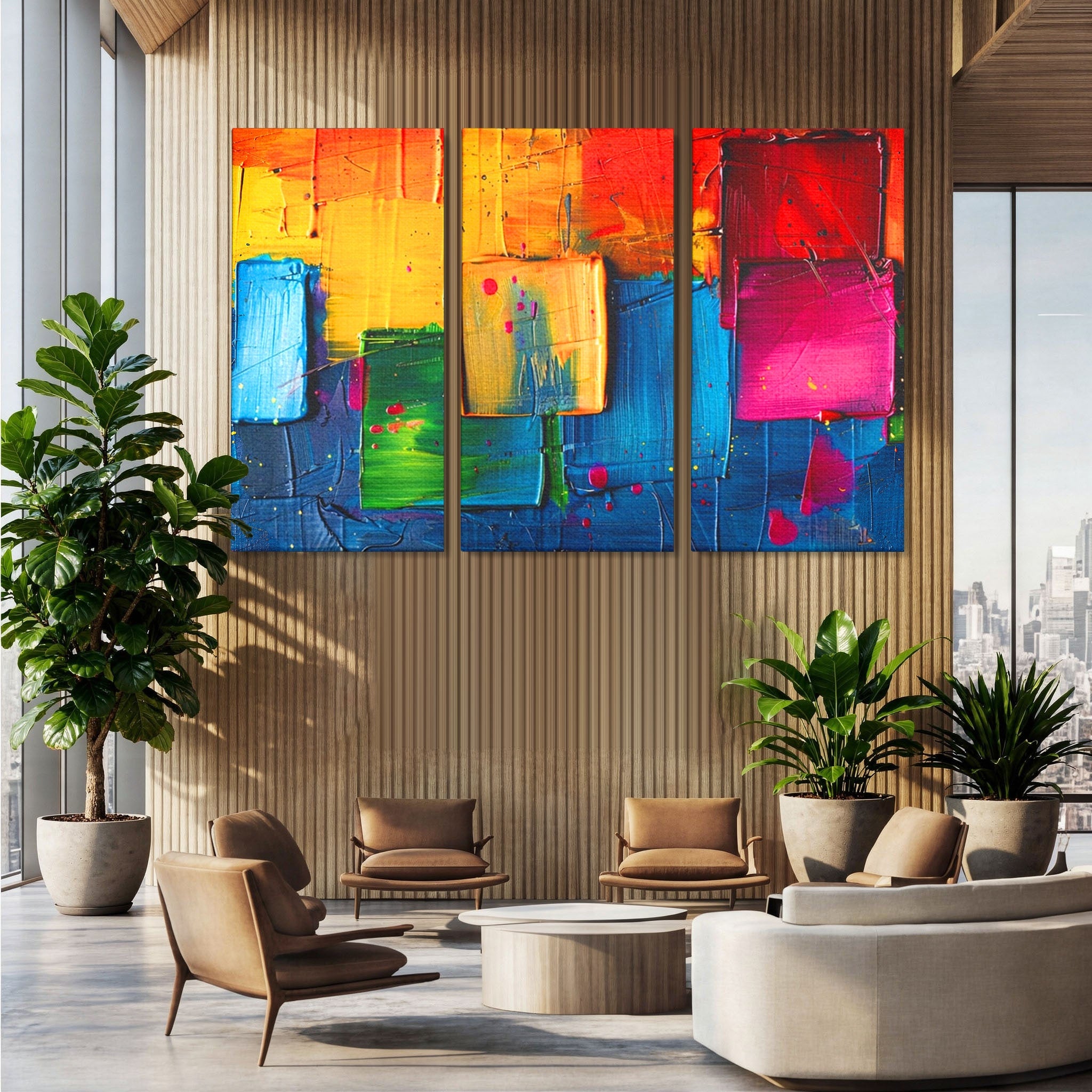 Set 3 Tablouri Canvas Premium LuxCanva® C3-1269, Blocuri de lumina, Geometrie, Culori, Fragmente, Compozitie, Urban, Impuls, Creativitate, Expresivitate, Expozitie, Iubire, Birou, Living, Dormitor