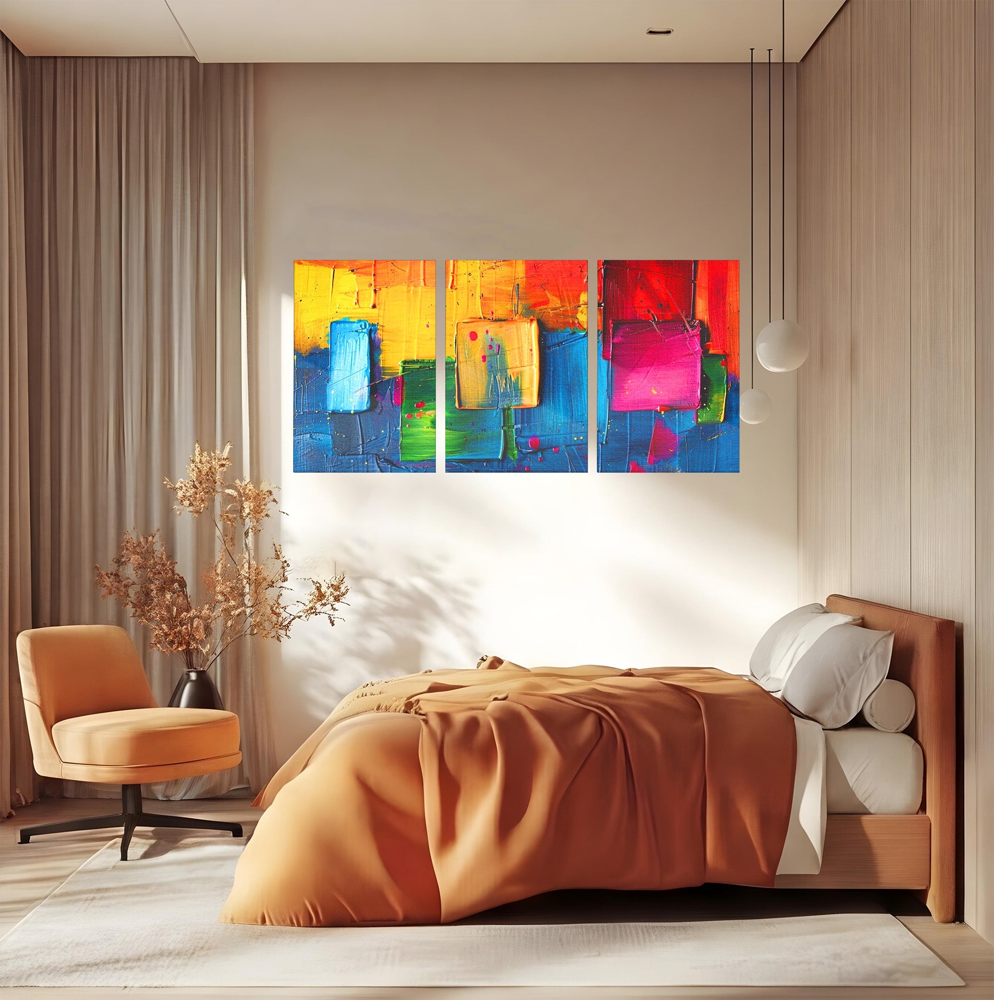 Set 3 Tablouri Canvas Premium LuxCanva® C3-1269, Blocuri de lumina, Geometrie, Culori, Fragmente, Compozitie, Urban, Impuls, Creativitate, Expresivitate, Expozitie, Iubire, Birou, Living, Dormitor
