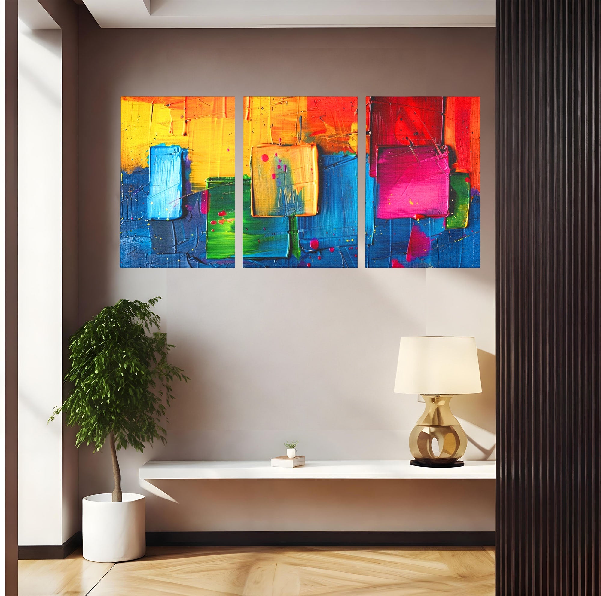 Set 3 Tablouri Canvas Premium LuxCanva® C3-1269, Blocuri de lumina, Geometrie, Culori, Fragmente, Compozitie, Urban, Impuls, Creativitate, Expresivitate, Expozitie, Iubire, Birou, Living, Dormitor