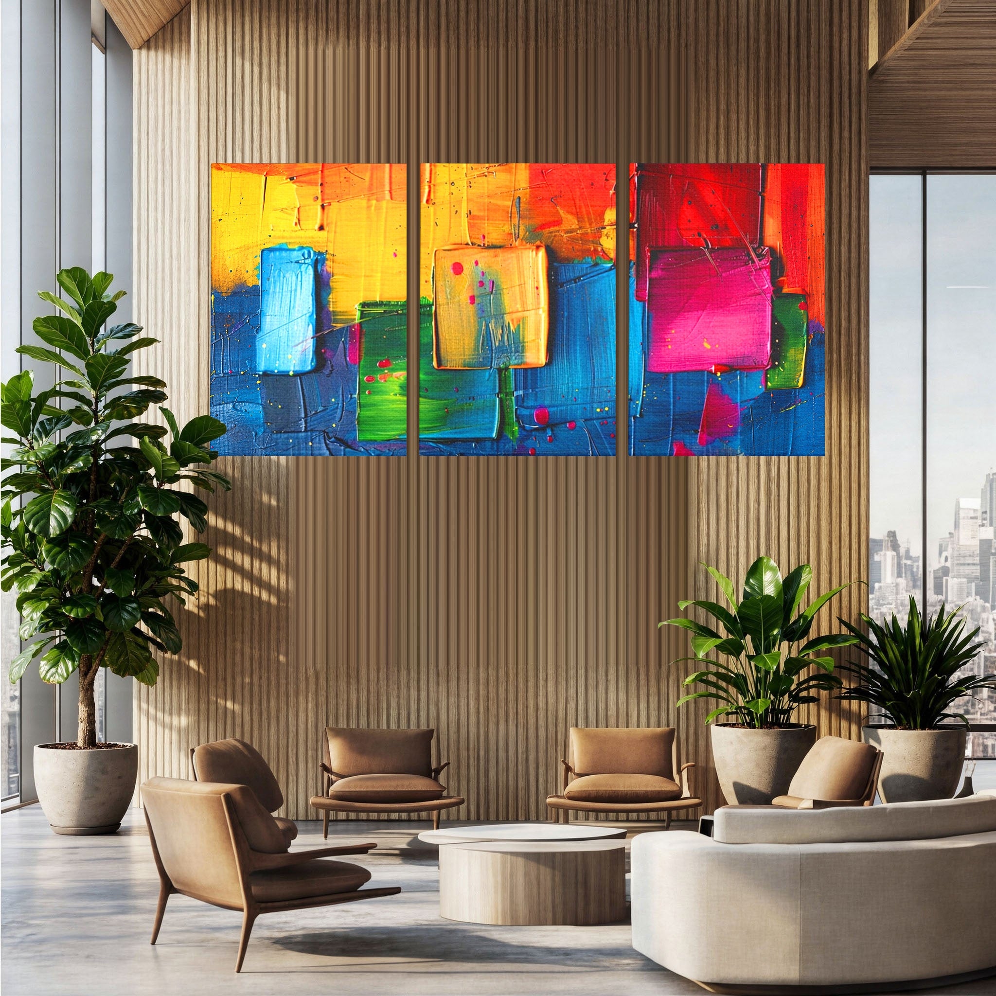 Set 3 Tablouri Canvas Premium LuxCanva® C3-1269, Blocuri de lumina, Geometrie, Culori, Fragmente, Compozitie, Urban, Impuls, Creativitate, Expresivitate, Expozitie, Iubire, Birou, Living, Dormitor