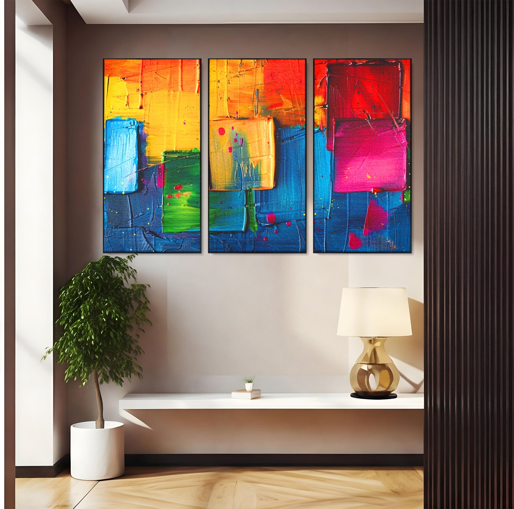 Set 3 Tablouri Canvas Premium LuxCanva® C3-1269, Blocuri de lumina, Geometrie, Culori, Fragmente, Compozitie, Urban, Impuls, Creativitate, Expresivitate, Expozitie, Iubire, Birou, Living, Dormitor