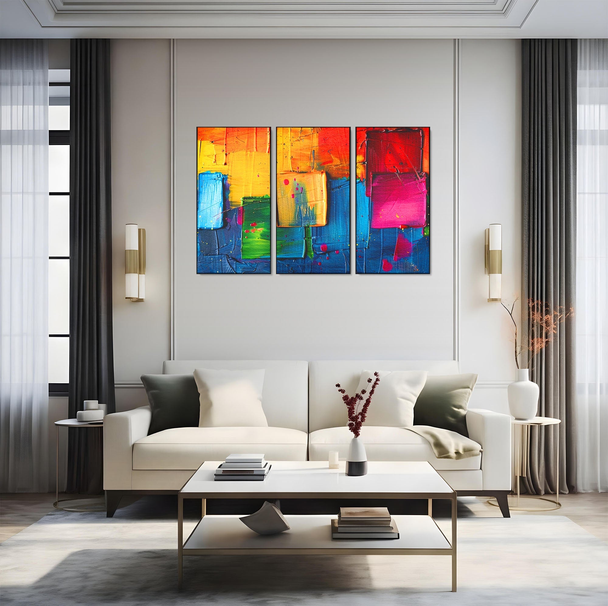 Set 3 Tablouri Canvas Premium LuxCanva® C3-1269, Blocuri de lumina, Geometrie, Culori, Fragmente, Compozitie, Urban, Impuls, Creativitate, Expresivitate, Expozitie, Iubire, Birou, Living, Dormitor