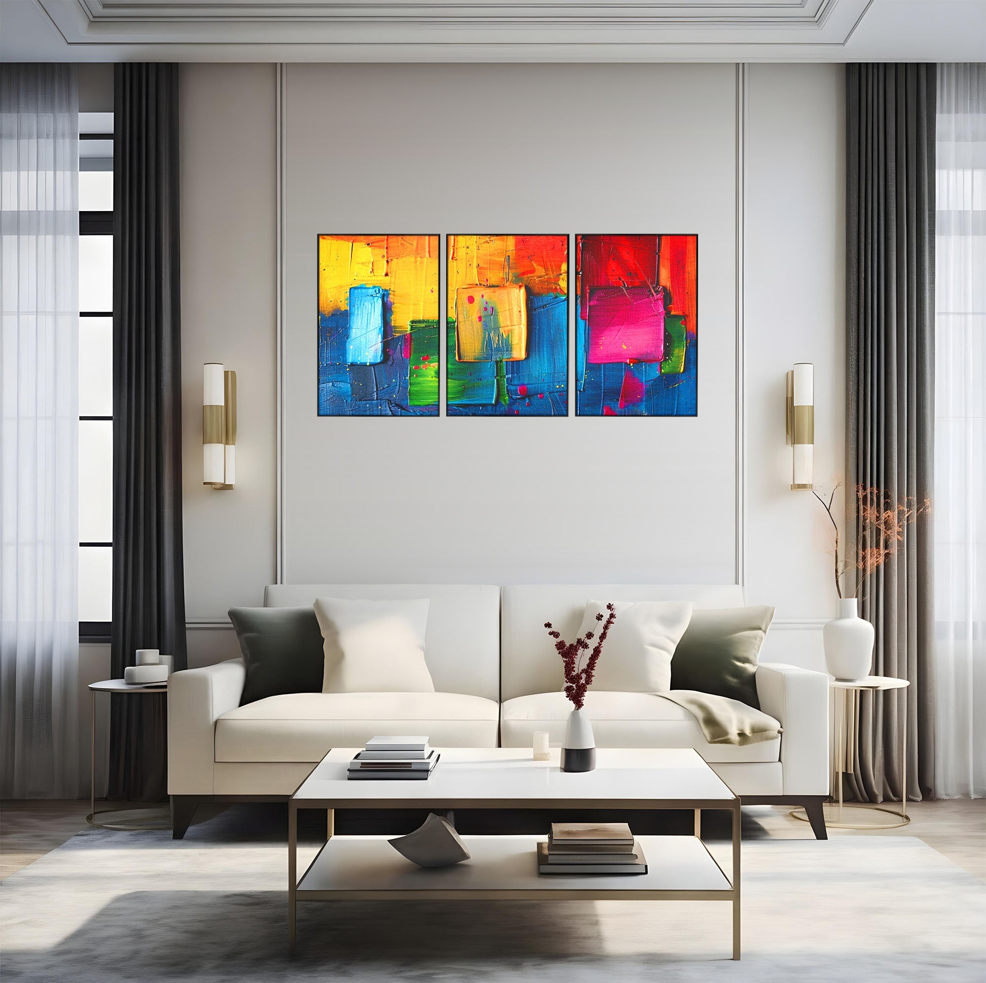 Set 3 Tablouri Canvas Premium LuxCanva® C3-1269, Blocuri de lumina, Geometrie, Culori, Fragmente, Compozitie, Urban, Impuls, Creativitate, Expresivitate, Expozitie, Iubire, Birou, Living, Dormitor