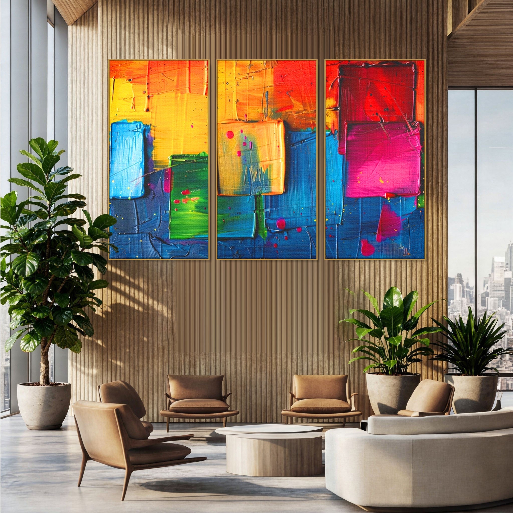 Set 3 Tablouri Canvas Premium LuxCanva® C3-1269, Blocuri de lumina, Geometrie, Culori, Fragmente, Compozitie, Urban, Impuls, Creativitate, Expresivitate, Expozitie, Iubire, Birou, Living, Dormitor