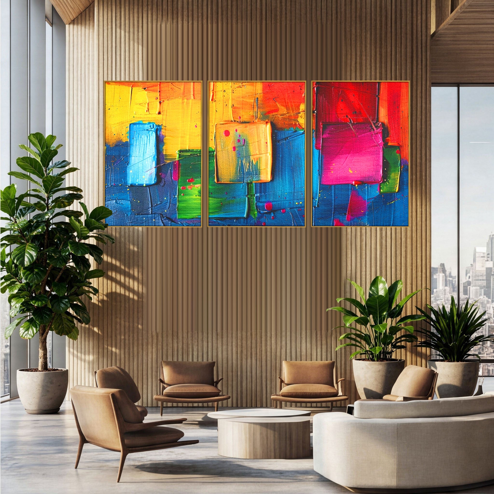 Set 3 Tablouri Canvas Premium LuxCanva® C3-1269, Blocuri de lumina, Geometrie, Culori, Fragmente, Compozitie, Urban, Impuls, Creativitate, Expresivitate, Expozitie, Iubire, Birou, Living, Dormitor