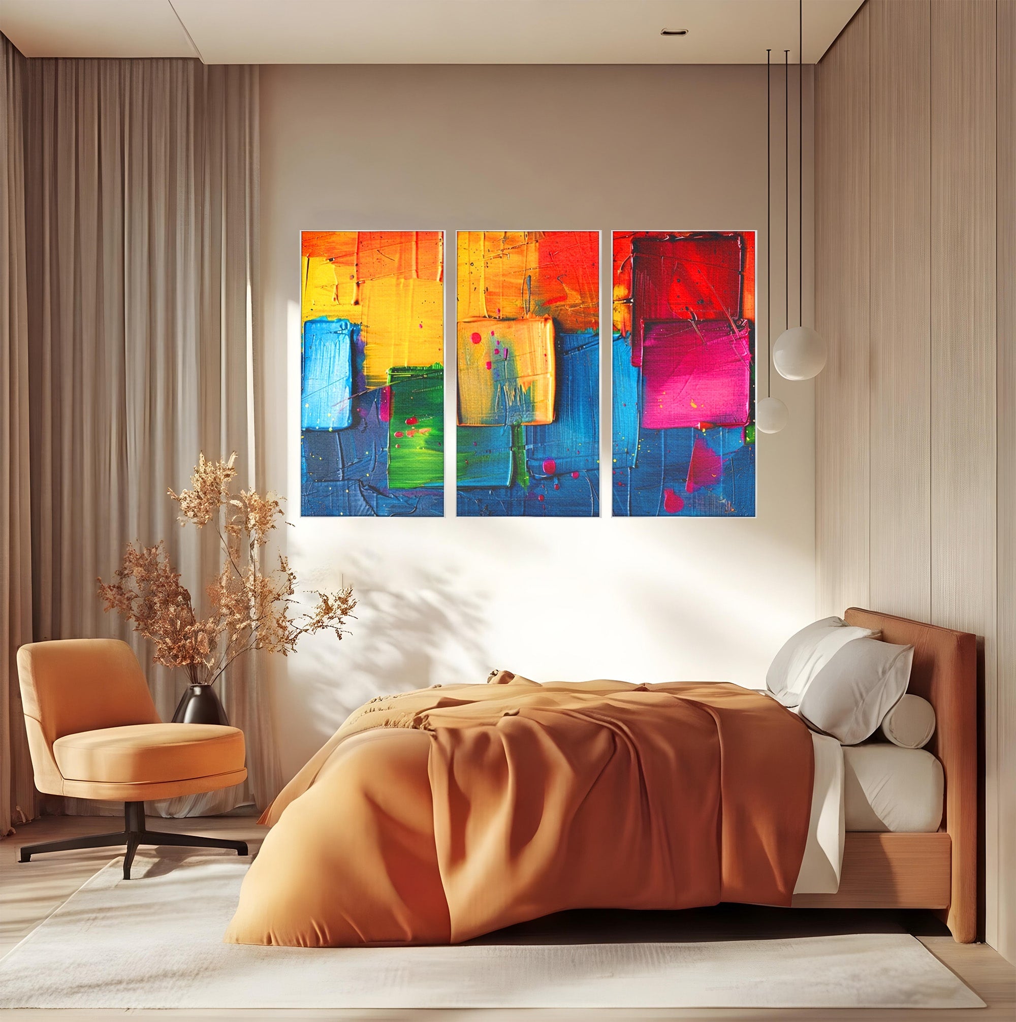 Set 3 Tablouri Canvas Premium LuxCanva® C3-1269, Blocuri de lumina, Geometrie, Culori, Fragmente, Compozitie, Urban, Impuls, Creativitate, Expresivitate, Expozitie, Iubire, Birou, Living, Dormitor