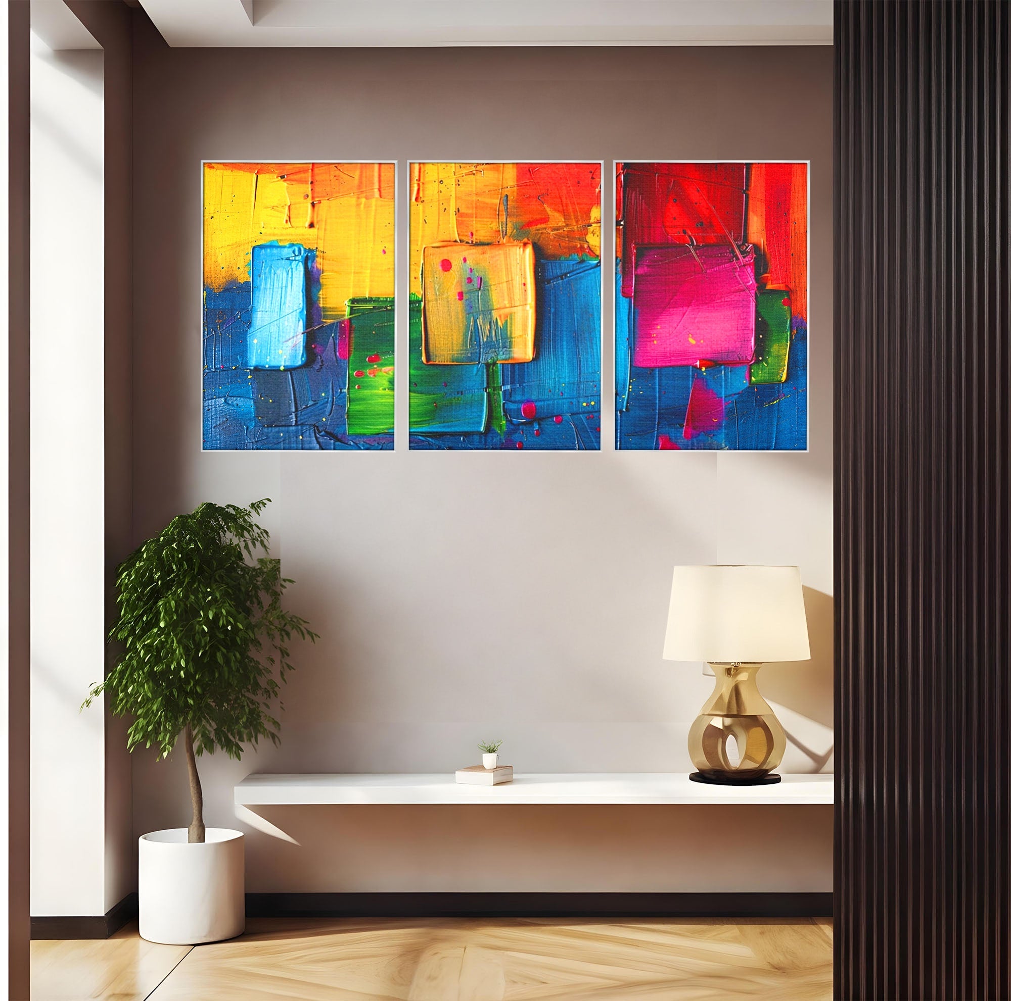 Set 3 Tablouri Canvas Premium LuxCanva® C3-1269, Blocuri de lumina, Geometrie, Culori, Fragmente, Compozitie, Urban, Impuls, Creativitate, Expresivitate, Expozitie, Iubire, Birou, Living, Dormitor