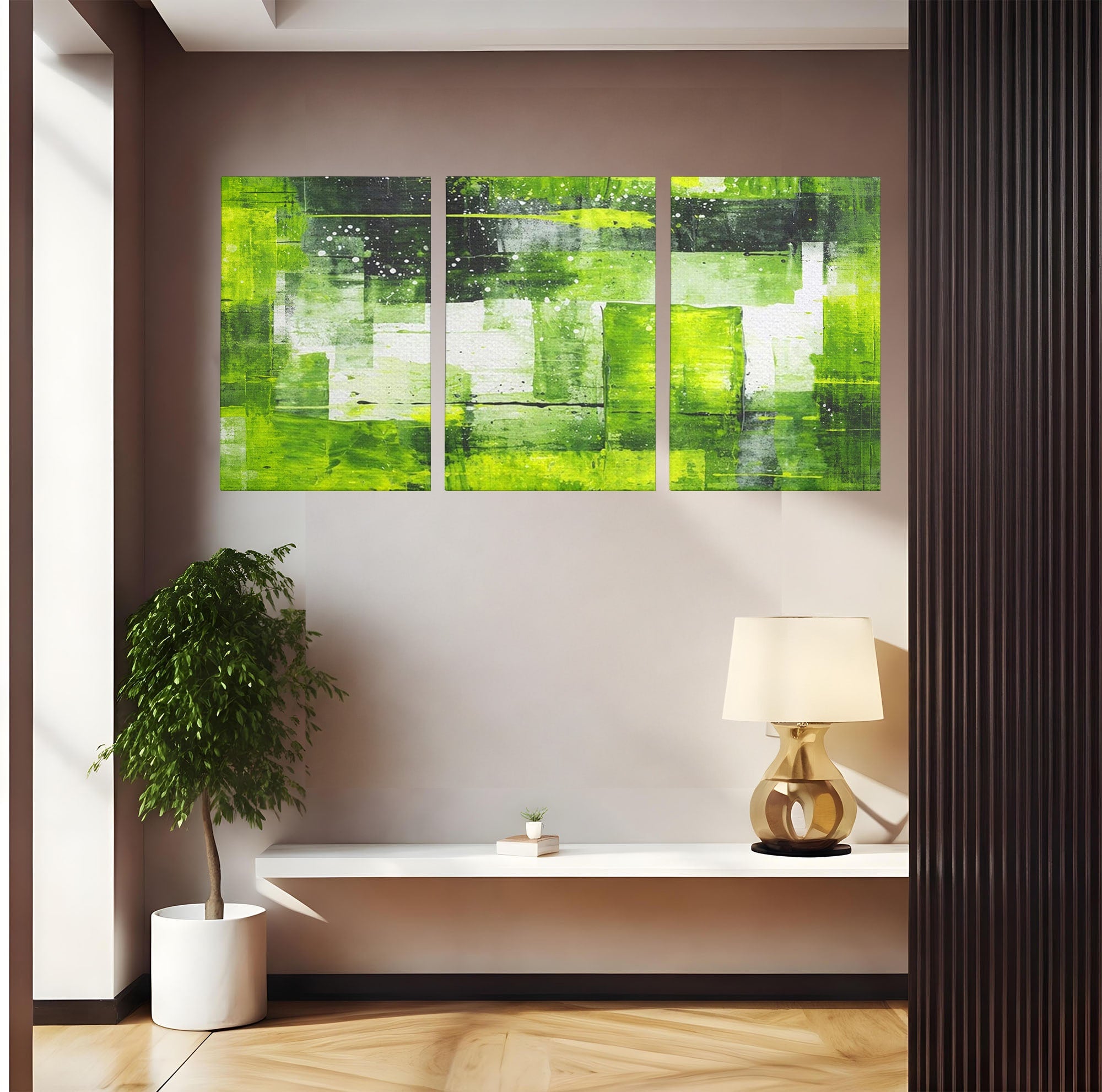 Set 3 Tablouri Canvas Premium LuxCanva® C3-1273, Puls vegetal, Geometrie, Verde, Organic, Armonie, Peisaj, Straturi, Prospetime, Abstract, Textura, Minimalism, Liniste, Spa, Birou, Living, Dormitor