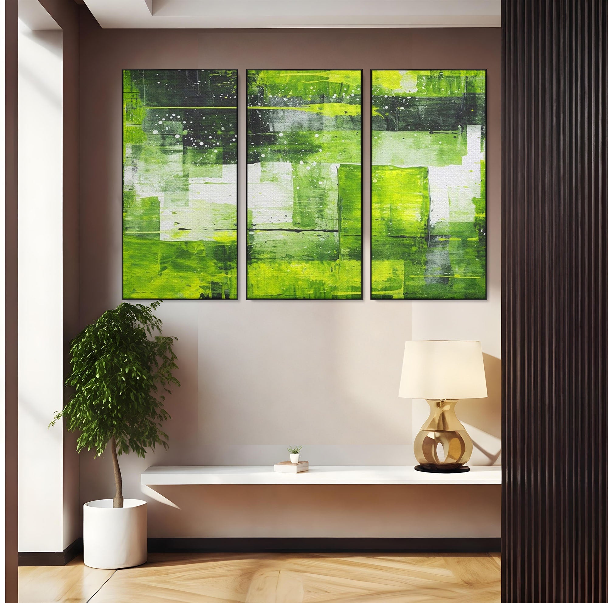 Set 3 Tablouri Canvas Premium LuxCanva® C3-1273, Puls vegetal, Geometrie, Verde, Organic, Armonie, Peisaj, Straturi, Prospetime, Abstract, Textura, Minimalism, Liniste, Spa, Birou, Living, Dormitor