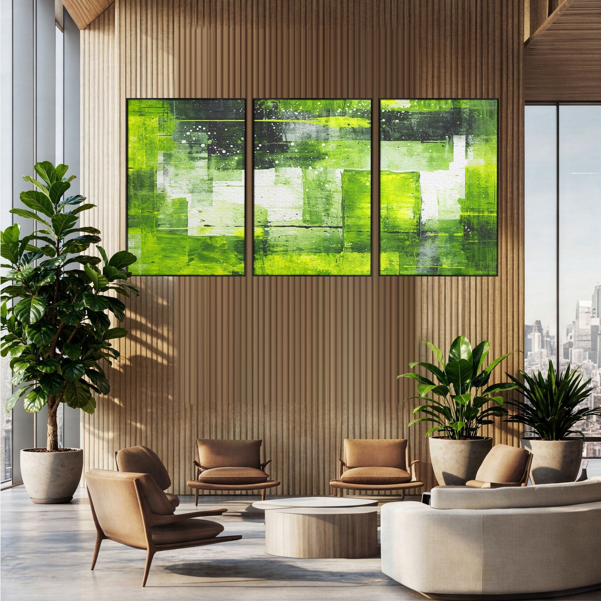 Set 3 Tablouri Canvas Premium LuxCanva® C3-1273, Puls vegetal, Geometrie, Verde, Organic, Armonie, Peisaj, Straturi, Prospetime, Abstract, Textura, Minimalism, Liniste, Spa, Birou, Living, Dormitor