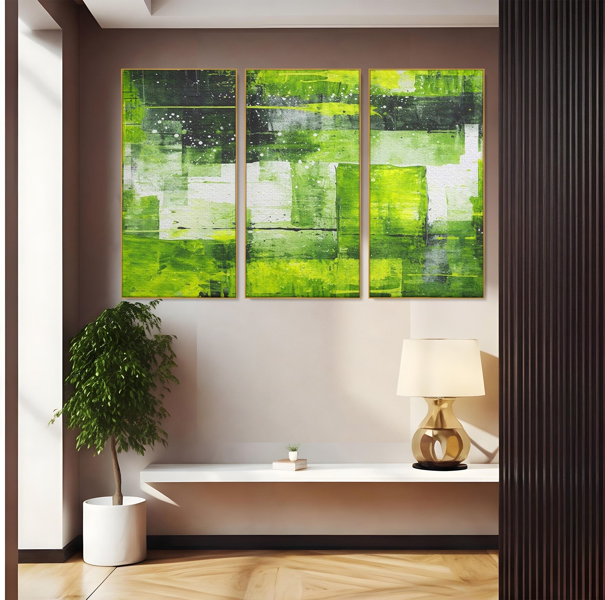 Set 3 Tablouri Canvas Premium LuxCanva® C3-1273, Puls vegetal, Geometrie, Verde, Organic, Armonie, Peisaj, Straturi, Prospetime, Abstract, Textura, Minimalism, Liniste, Spa, Birou, Living, Dormitor