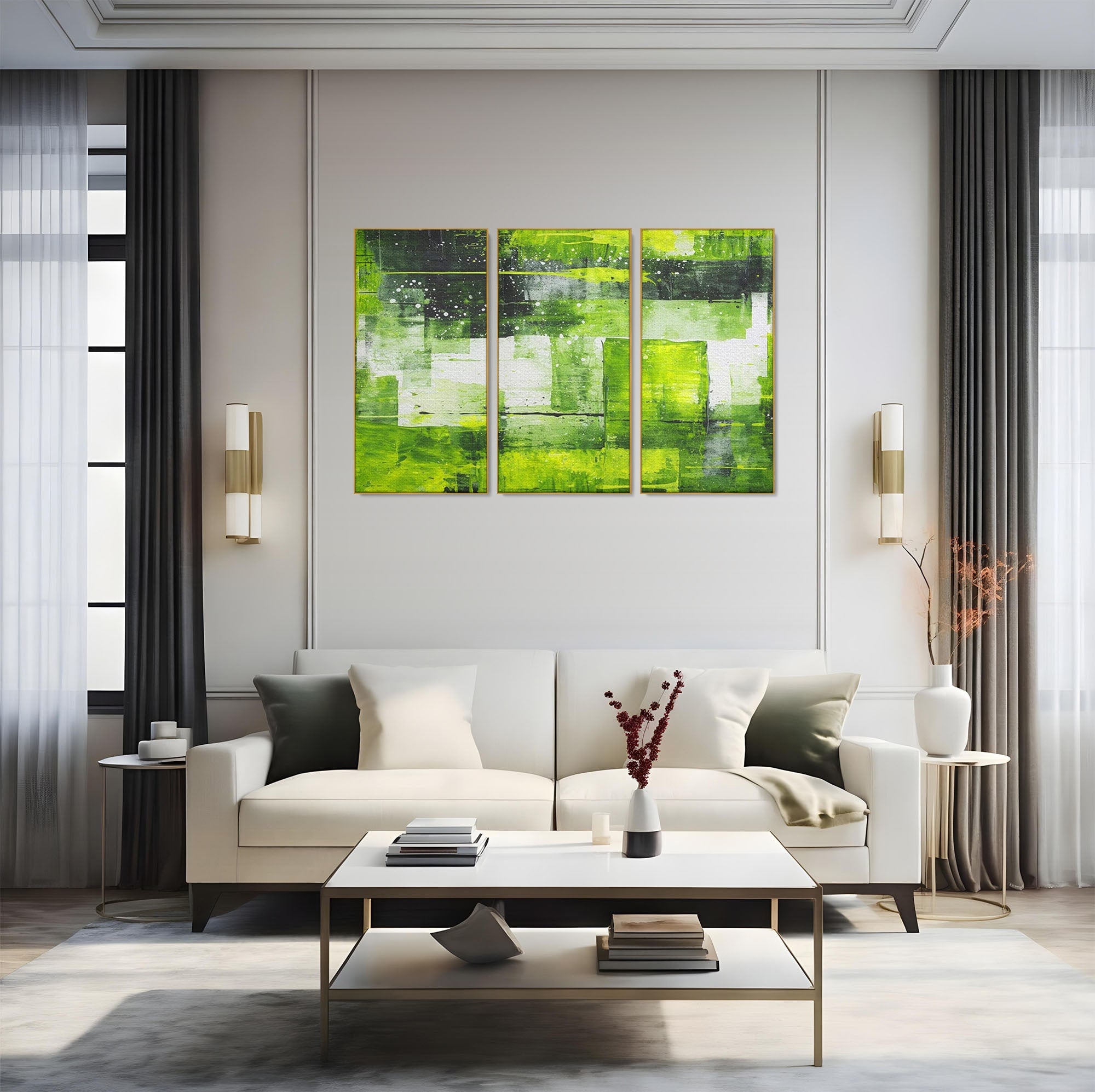 Set 3 Tablouri Canvas Premium LuxCanva® C3-1273, Puls vegetal, Geometrie, Verde, Organic, Armonie, Peisaj, Straturi, Prospetime, Abstract, Textura, Minimalism, Liniste, Spa, Birou, Living, Dormitor