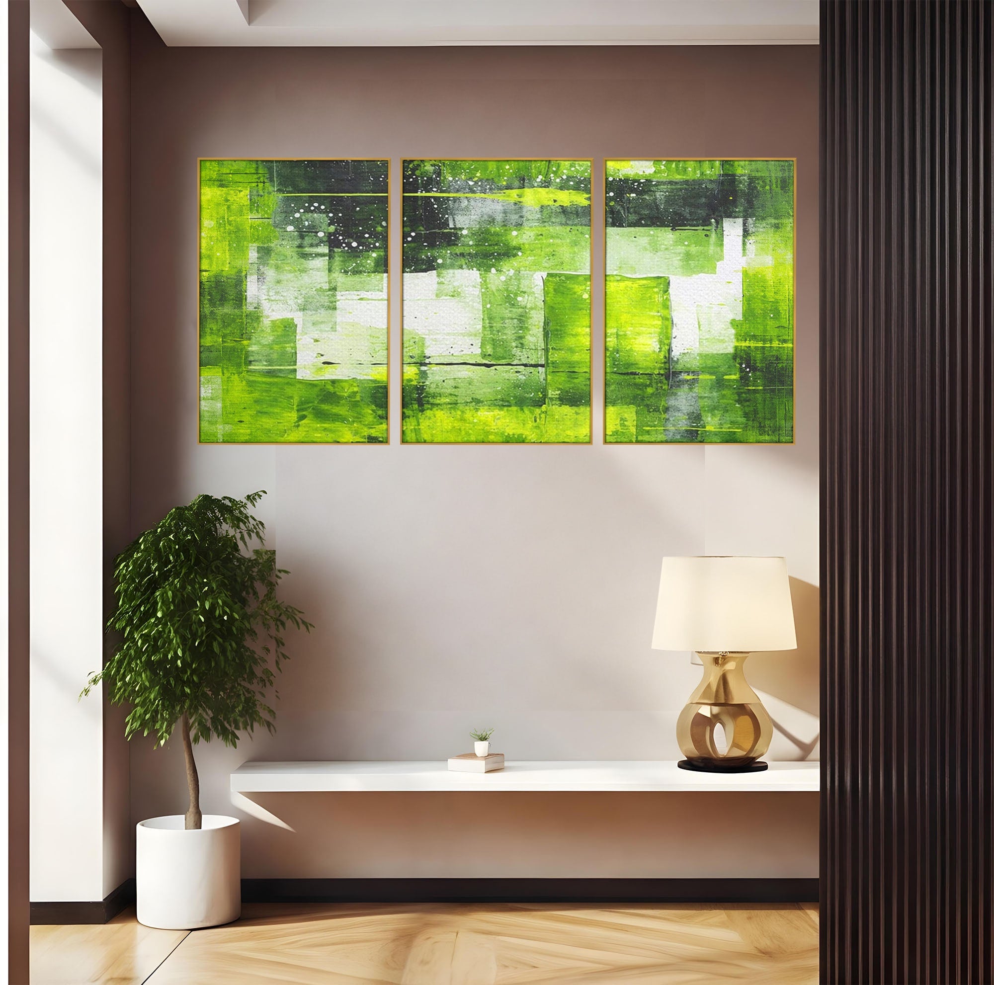 Set 3 Tablouri Canvas Premium LuxCanva® C3-1273, Puls vegetal, Geometrie, Verde, Organic, Armonie, Peisaj, Straturi, Prospetime, Abstract, Textura, Minimalism, Liniste, Spa, Birou, Living, Dormitor