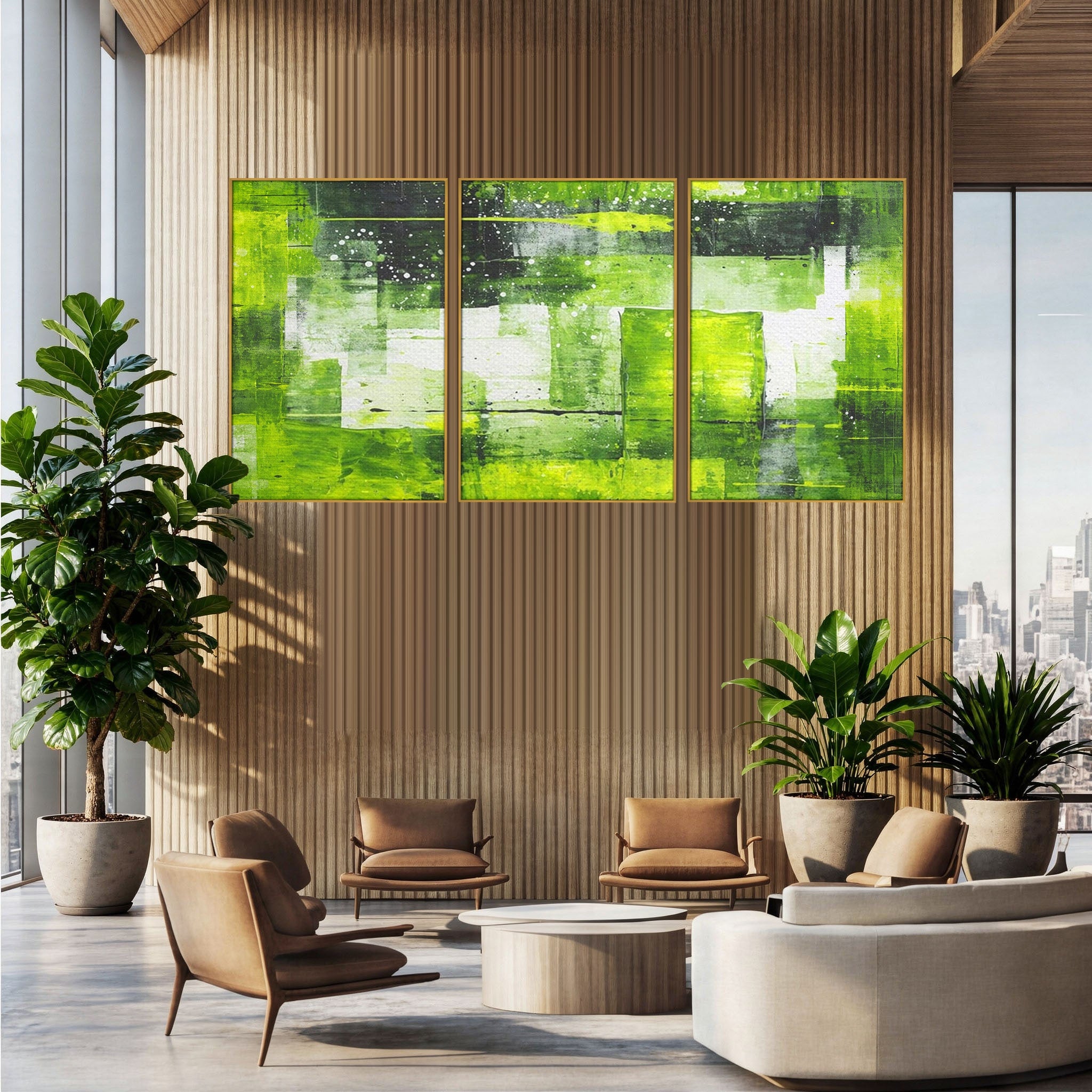 Set 3 Tablouri Canvas Premium LuxCanva® C3-1273, Puls vegetal, Geometrie, Verde, Organic, Armonie, Peisaj, Straturi, Prospetime, Abstract, Textura, Minimalism, Liniste, Spa, Birou, Living, Dormitor