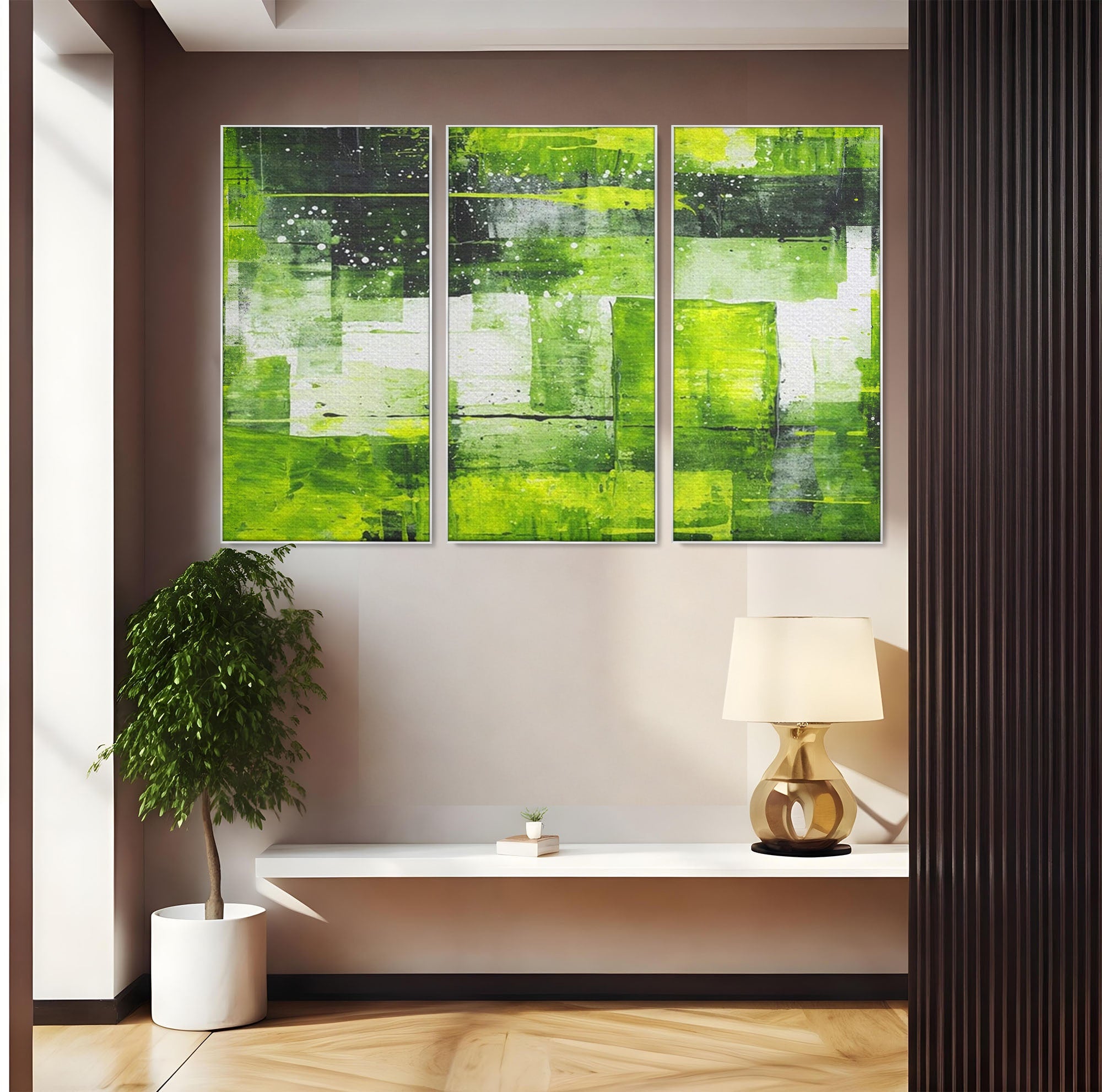 Set 3 Tablouri Canvas Premium LuxCanva® C3-1273, Puls vegetal, Geometrie, Verde, Organic, Armonie, Peisaj, Straturi, Prospetime, Abstract, Textura, Minimalism, Liniste, Spa, Birou, Living, Dormitor