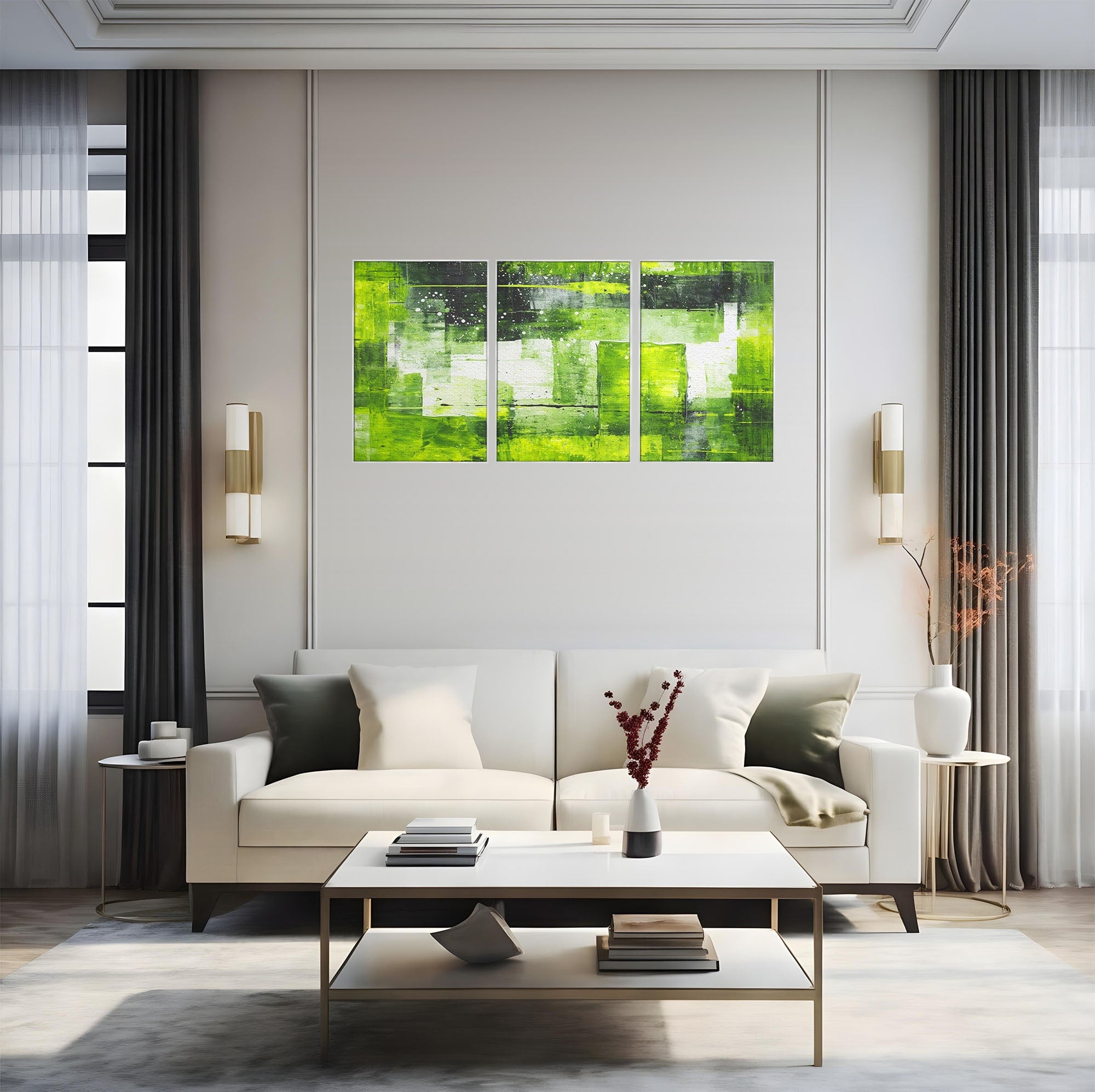 Set 3 Tablouri Canvas Premium LuxCanva® C3-1273, Puls vegetal, Geometrie, Verde, Organic, Armonie, Peisaj, Straturi, Prospetime, Abstract, Textura, Minimalism, Liniste, Spa, Birou, Living, Dormitor