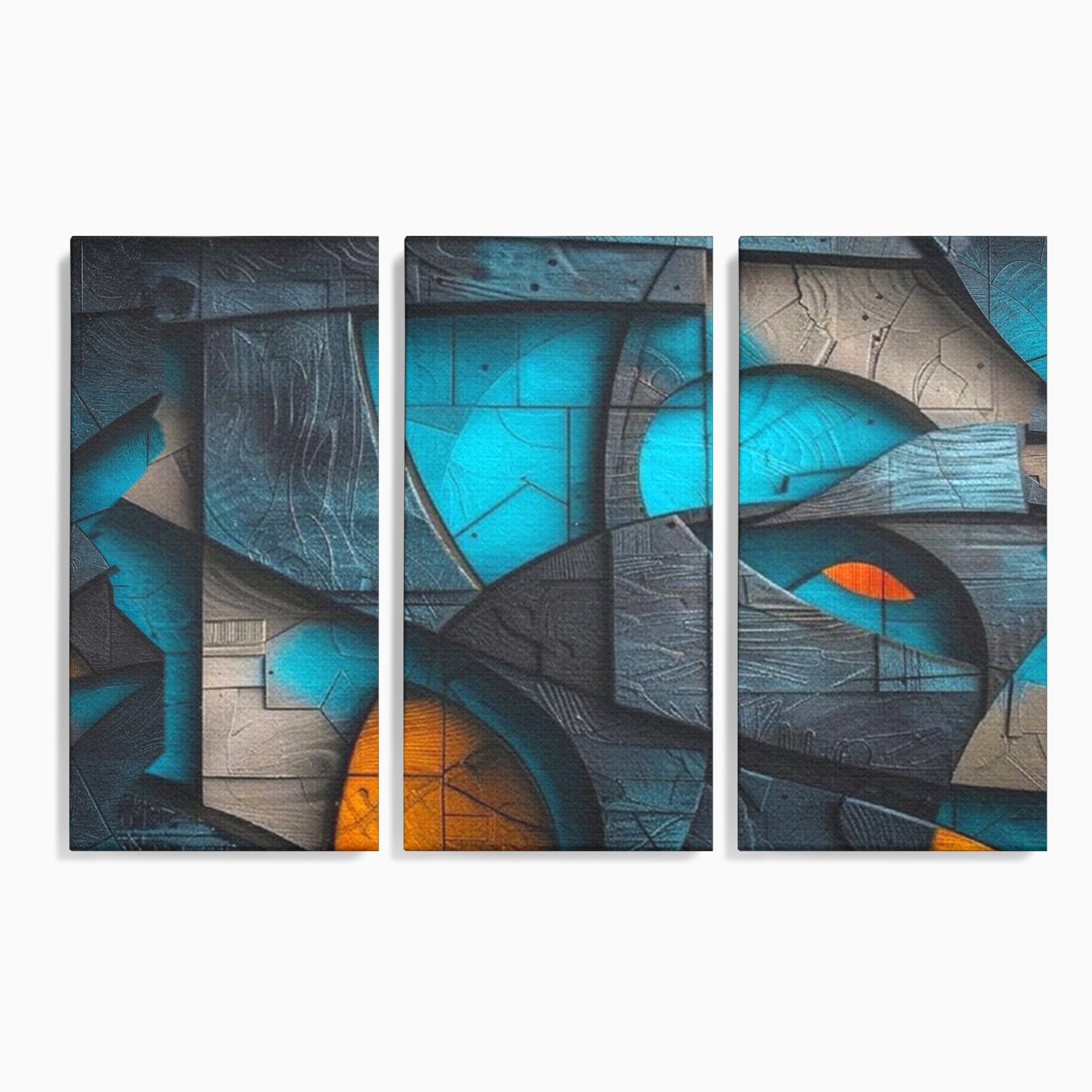 Set 3 Tablouri Canvas Premium LuxCanva® C3-1274, Spatiul dintre ganduri, Geometrie, Albastru, Turcoaz, Abstract, Profunzime, Curbe, Industrial, Arhitectural, Umbre, Materie, Birou, Living, Dormitor