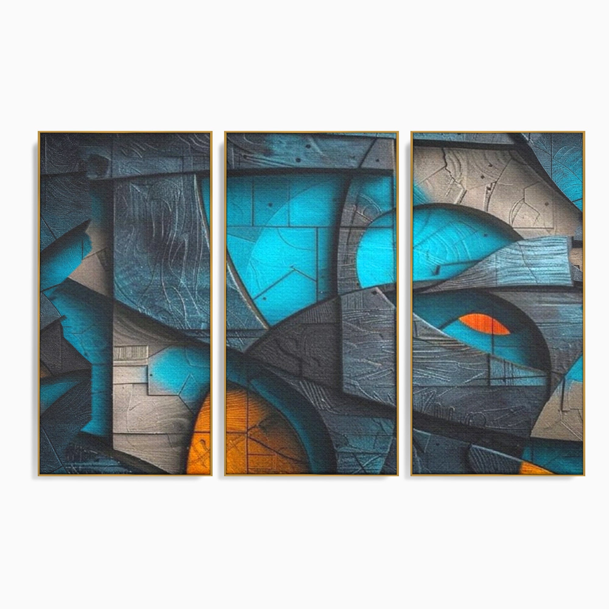 Set 3 Tablouri Canvas Premium LuxCanva® C3-1274, Spatiul dintre ganduri, Geometrie, Albastru, Turcoaz, Abstract, Profunzime, Curbe, Industrial, Arhitectural, Umbre, Materie, Birou, Living, Dormitor
