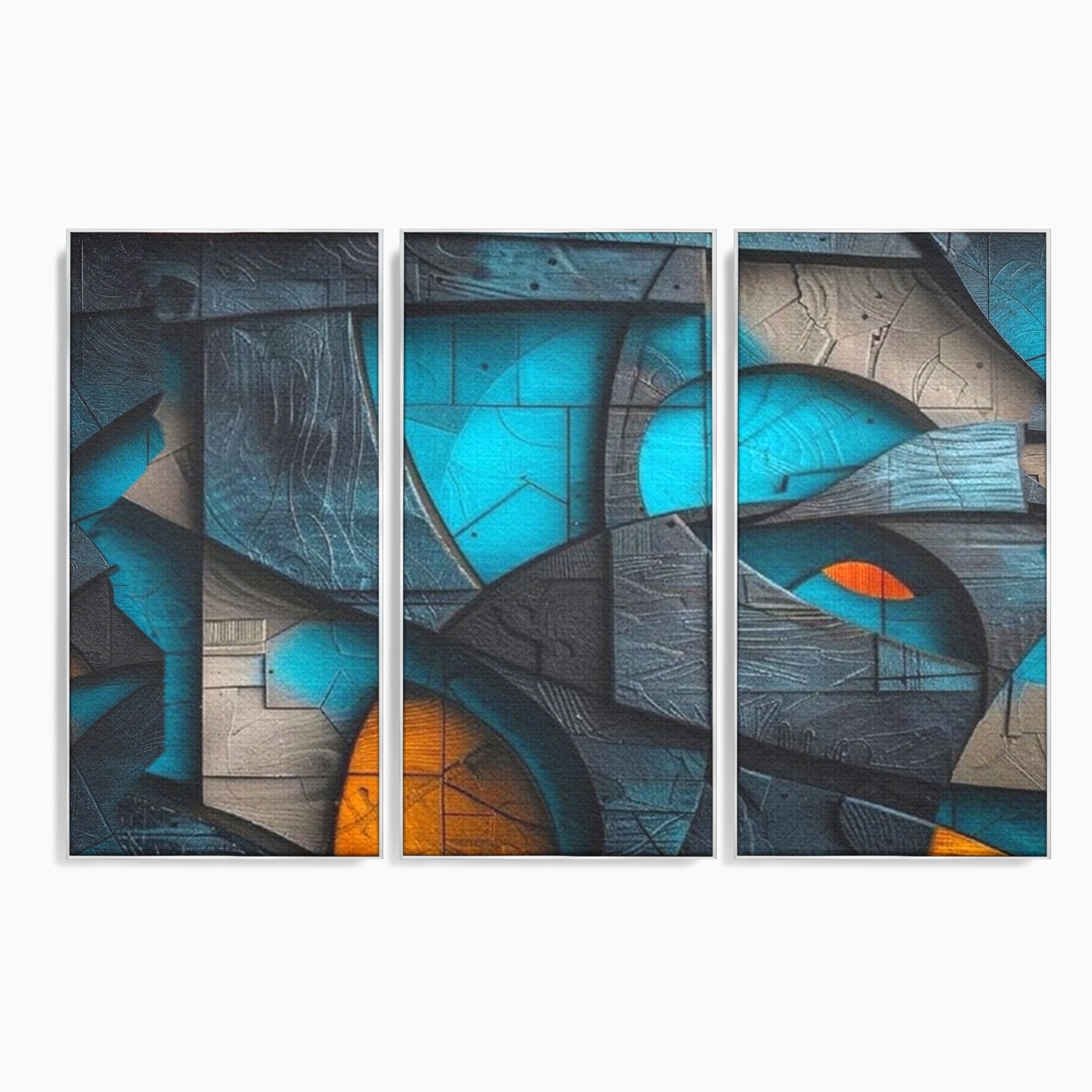 Set 3 Tablouri Canvas Premium LuxCanva® C3-1274, Spatiul dintre ganduri, Geometrie, Albastru, Turcoaz, Abstract, Profunzime, Curbe, Industrial, Arhitectural, Umbre, Materie, Birou, Living, Dormitor
