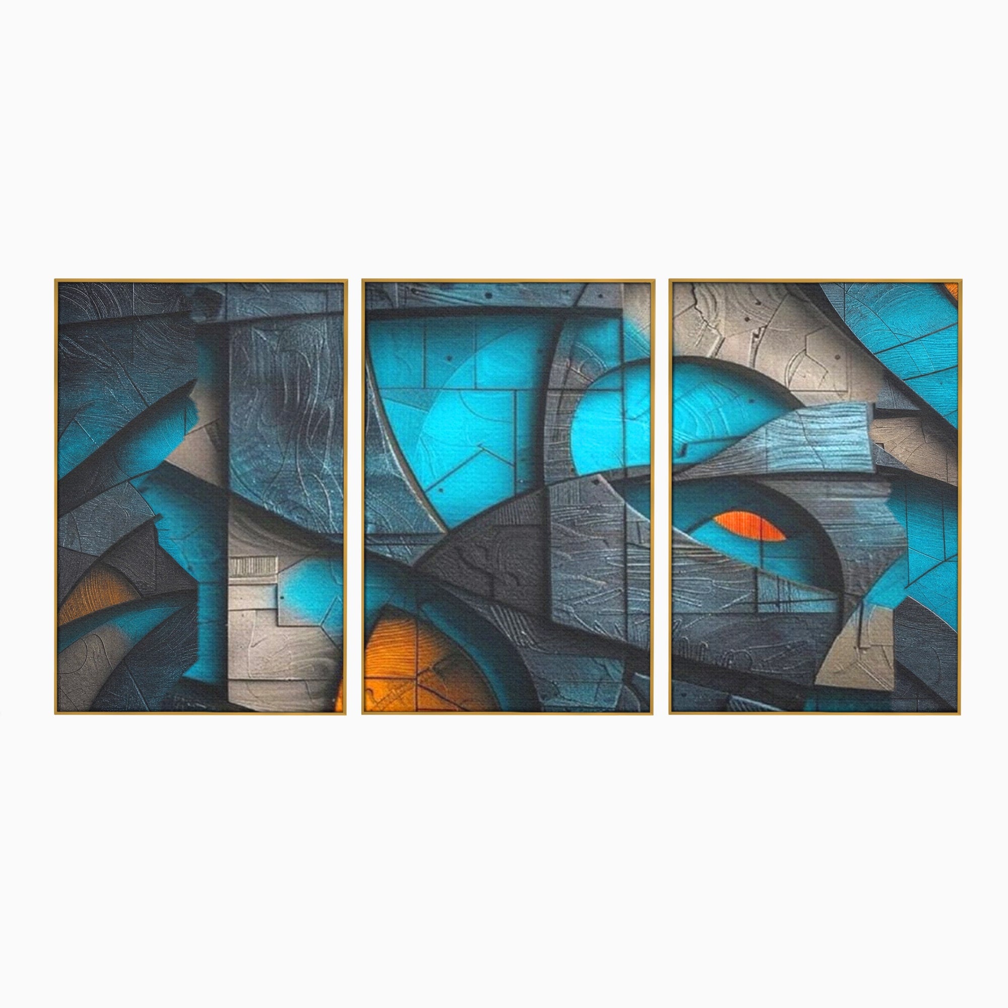 Set 3 Tablouri Canvas Premium LuxCanva® C3-1274, Spatiul dintre ganduri, Geometrie, Albastru, Turcoaz, Abstract, Profunzime, Curbe, Industrial, Arhitectural, Umbre, Materie, Birou, Living, Dormitor