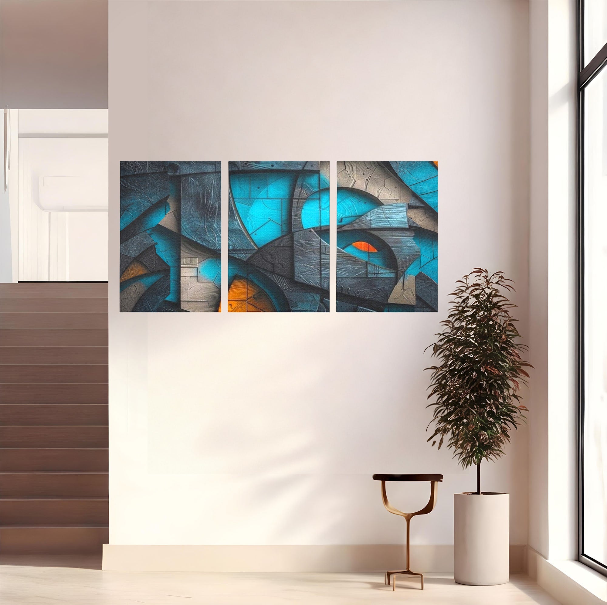 Set 3 Tablouri Canvas Premium LuxCanva® C3-1274, Spatiul dintre ganduri, Geometrie, Albastru, Turcoaz, Abstract, Profunzime, Curbe, Industrial, Arhitectural, Umbre, Materie, Birou, Living, Dormitor