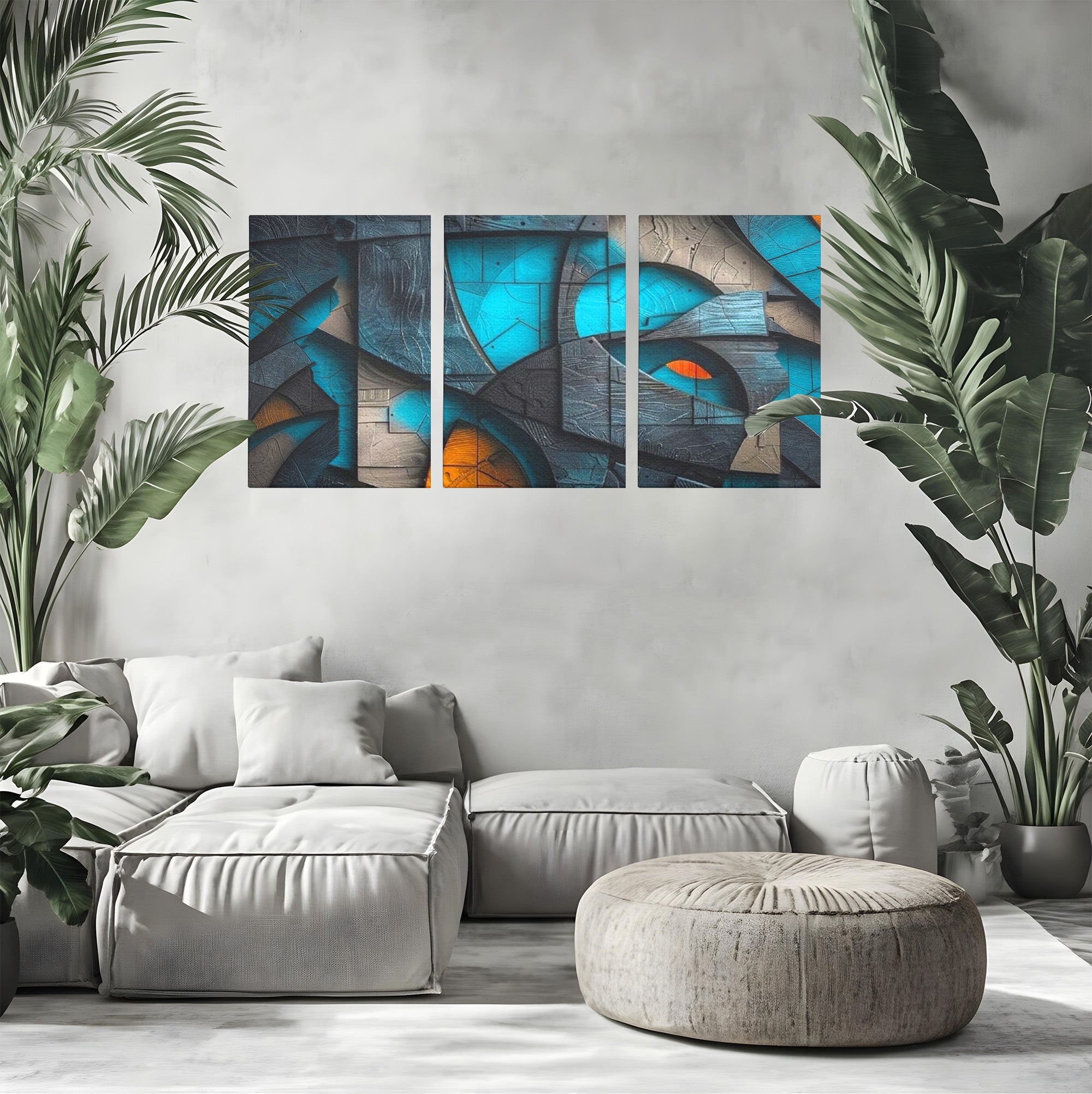 Set 3 Tablouri Canvas Premium LuxCanva® C3-1274, Spatiul dintre ganduri, Geometrie, Albastru, Turcoaz, Abstract, Profunzime, Curbe, Industrial, Arhitectural, Umbre, Materie, Birou, Living, Dormitor