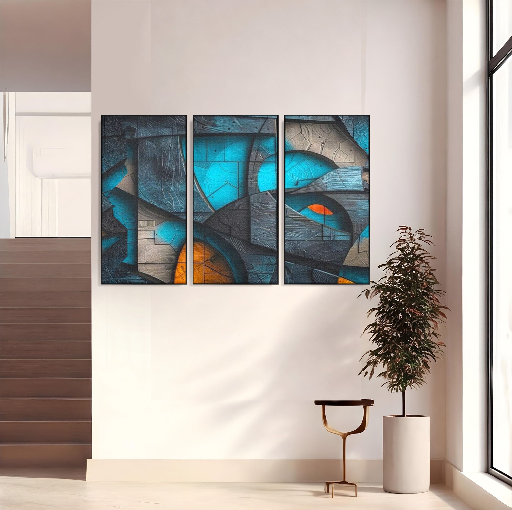 Set 3 Tablouri Canvas Premium LuxCanva® C3-1274, Spatiul dintre ganduri, Geometrie, Albastru, Turcoaz, Abstract, Profunzime, Curbe, Industrial, Arhitectural, Umbre, Materie, Birou, Living, Dormitor