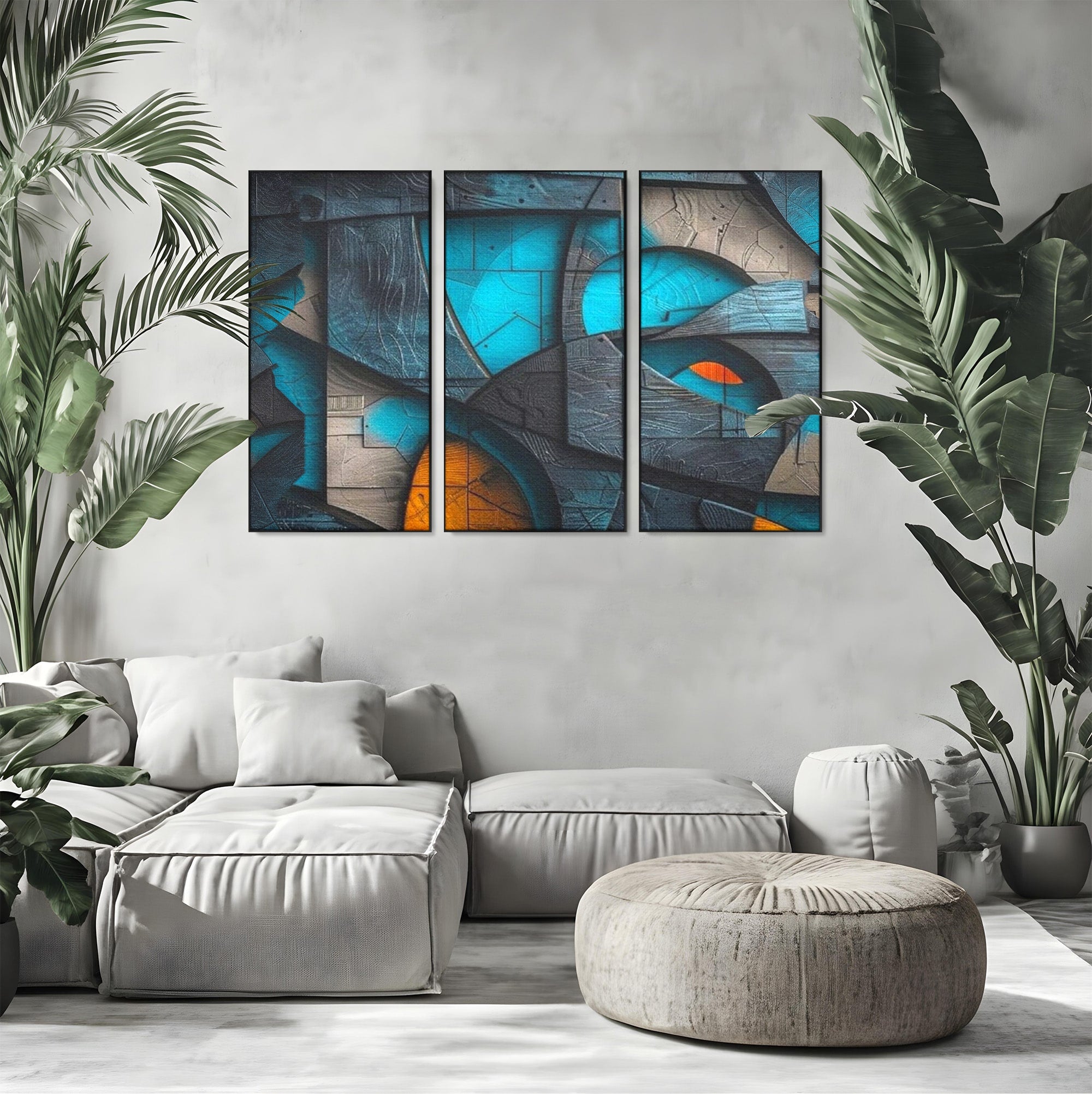 Set 3 Tablouri Canvas Premium LuxCanva® C3-1274, Spatiul dintre ganduri, Geometrie, Albastru, Turcoaz, Abstract, Profunzime, Curbe, Industrial, Arhitectural, Umbre, Materie, Birou, Living, Dormitor