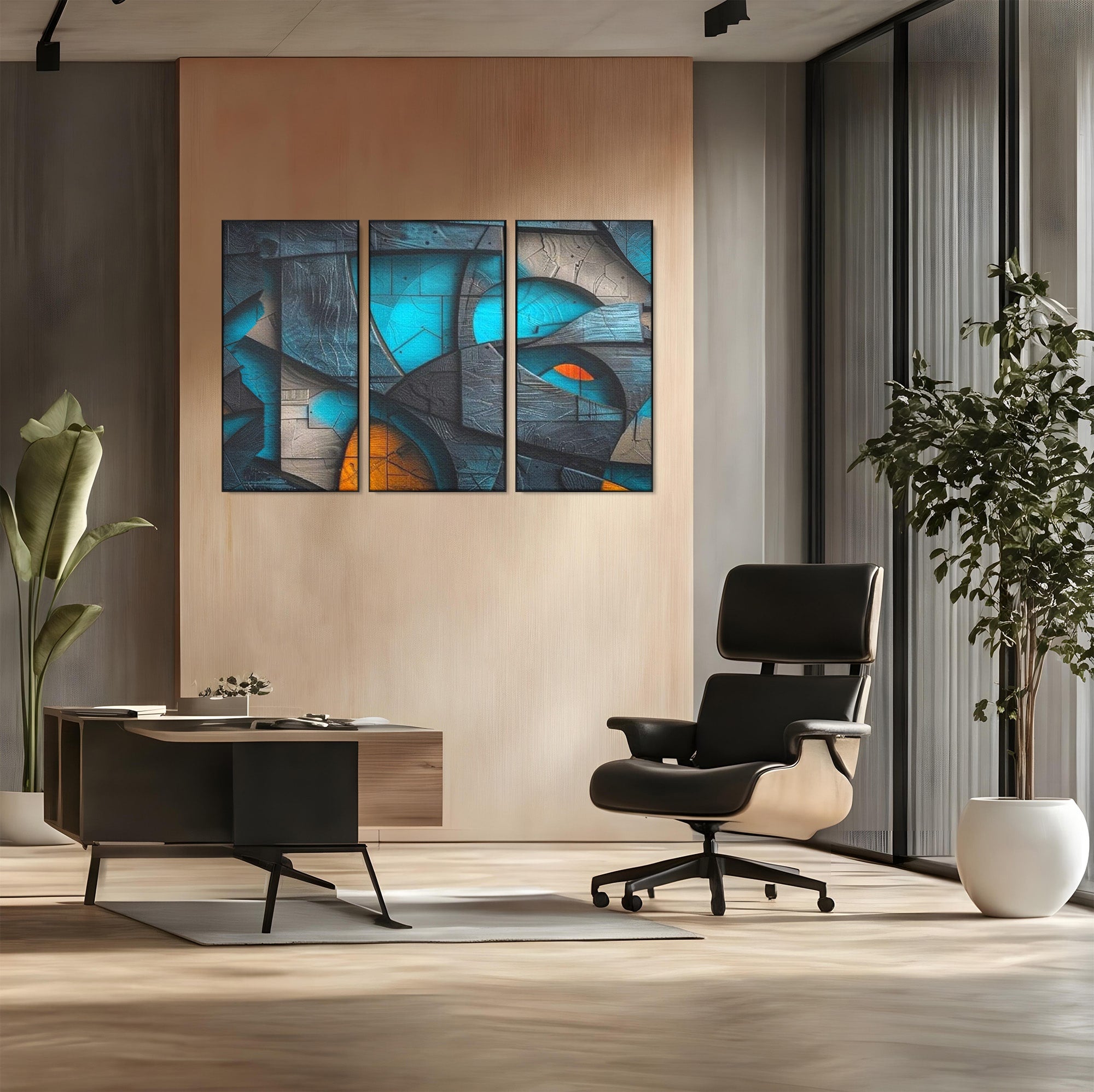 Set 3 Tablouri Canvas Premium LuxCanva® C3-1274, Spatiul dintre ganduri, Geometrie, Albastru, Turcoaz, Abstract, Profunzime, Curbe, Industrial, Arhitectural, Umbre, Materie, Birou, Living, Dormitor