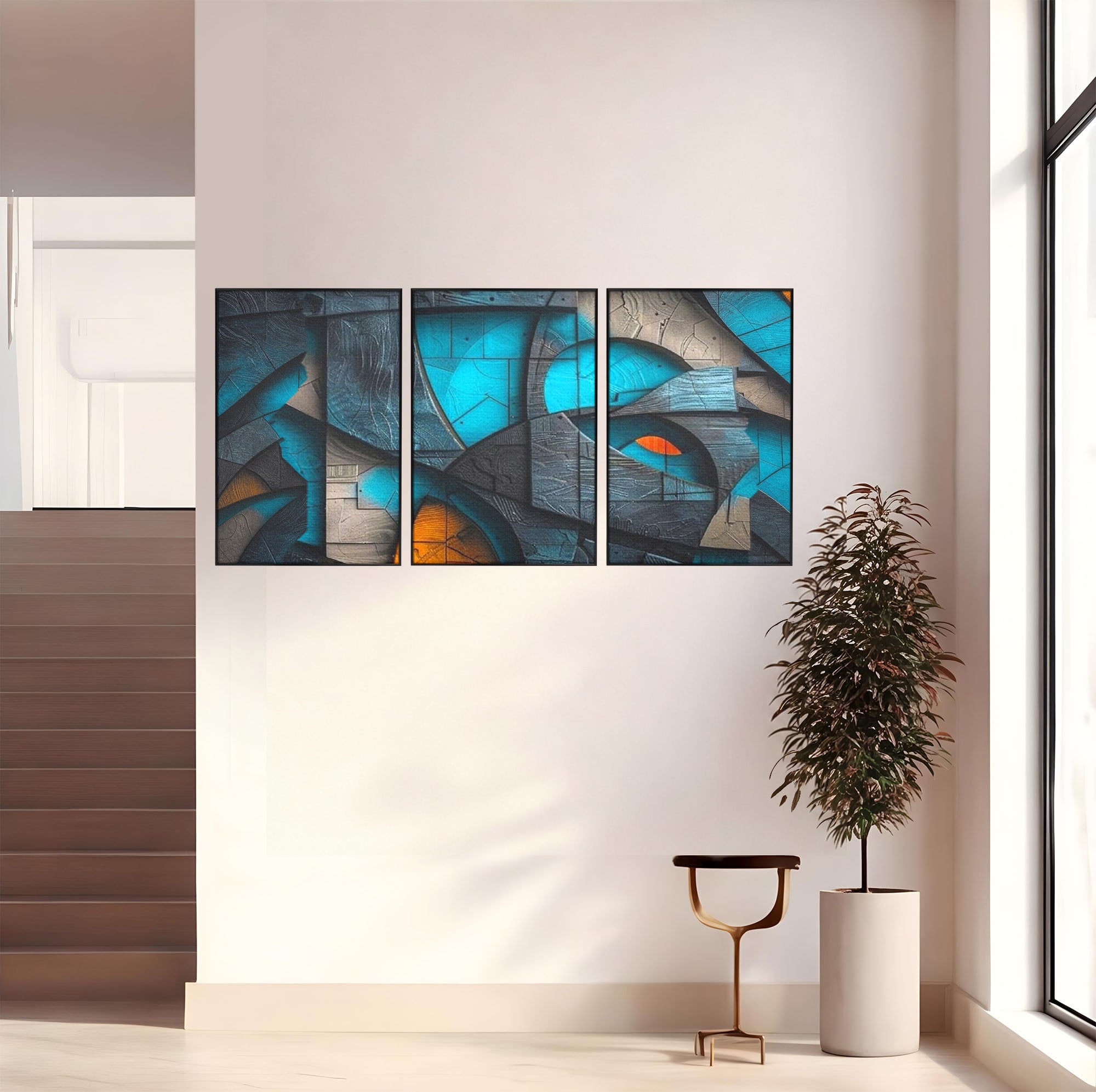 Set 3 Tablouri Canvas Premium LuxCanva® C3-1274, Spatiul dintre ganduri, Geometrie, Albastru, Turcoaz, Abstract, Profunzime, Curbe, Industrial, Arhitectural, Umbre, Materie, Birou, Living, Dormitor