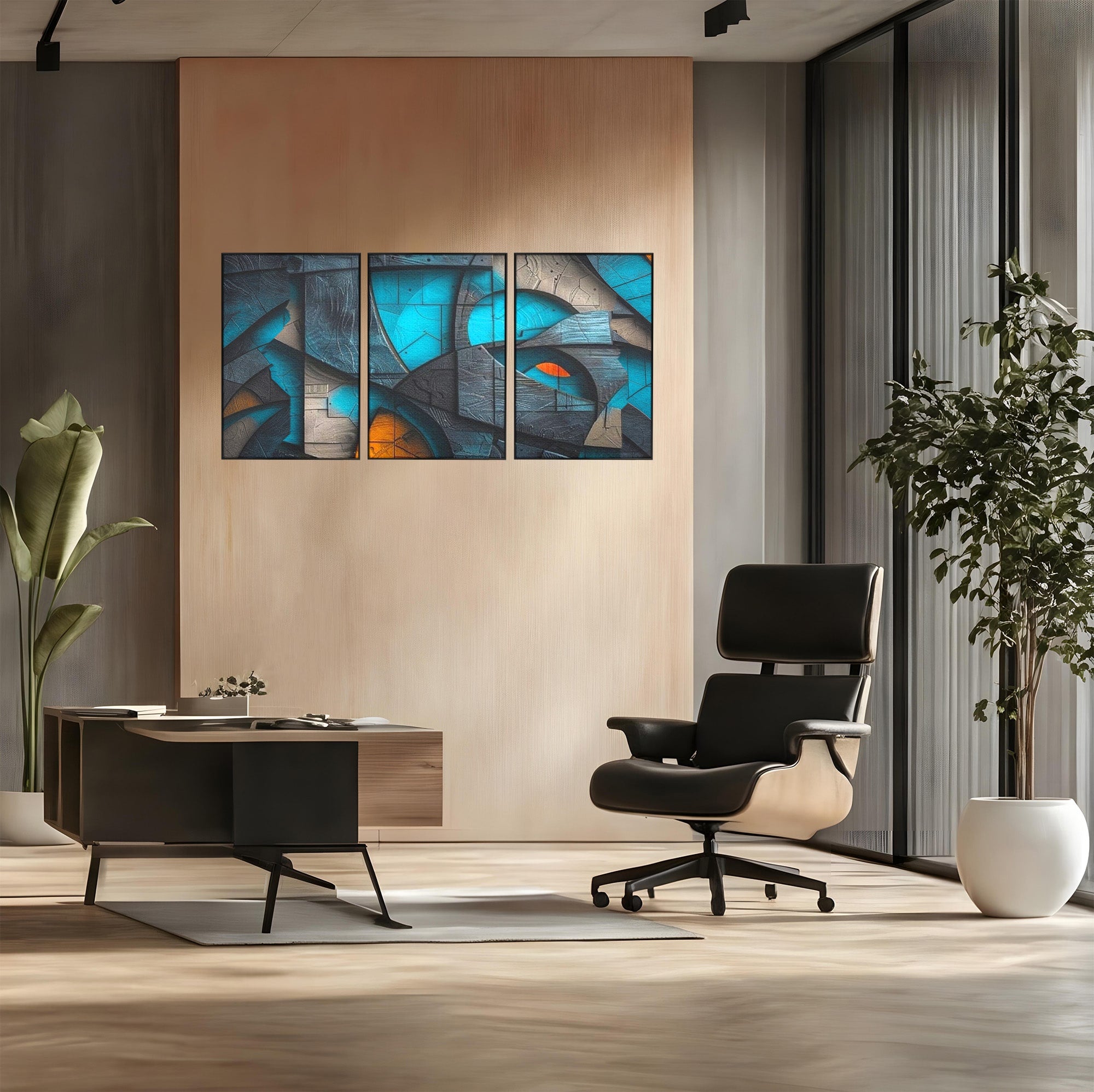 Set 3 Tablouri Canvas Premium LuxCanva® C3-1274, Spatiul dintre ganduri, Geometrie, Albastru, Turcoaz, Abstract, Profunzime, Curbe, Industrial, Arhitectural, Umbre, Materie, Birou, Living, Dormitor
