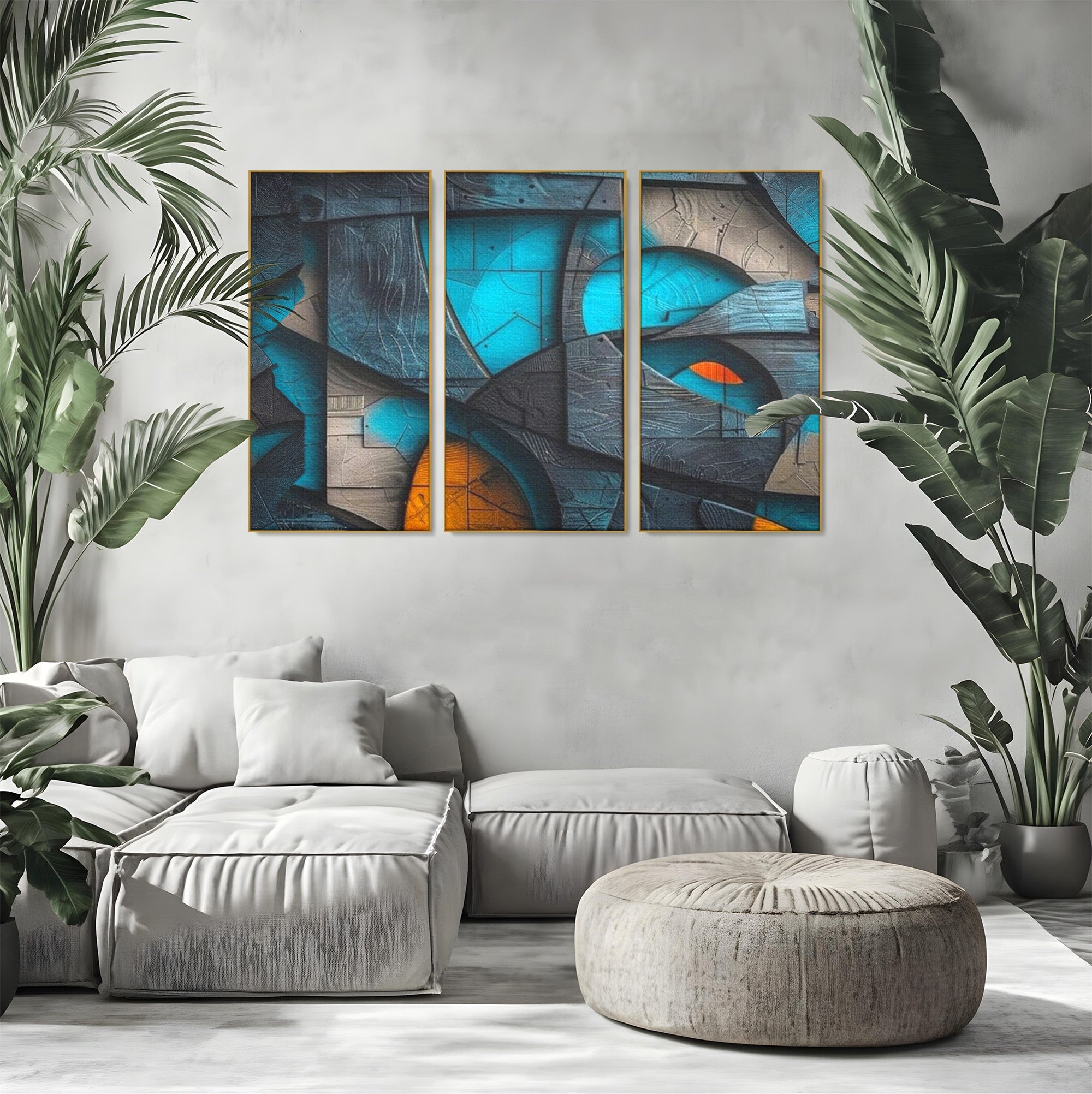 Set 3 Tablouri Canvas Premium LuxCanva® C3-1274, Spatiul dintre ganduri, Geometrie, Albastru, Turcoaz, Abstract, Profunzime, Curbe, Industrial, Arhitectural, Umbre, Materie, Birou, Living, Dormitor