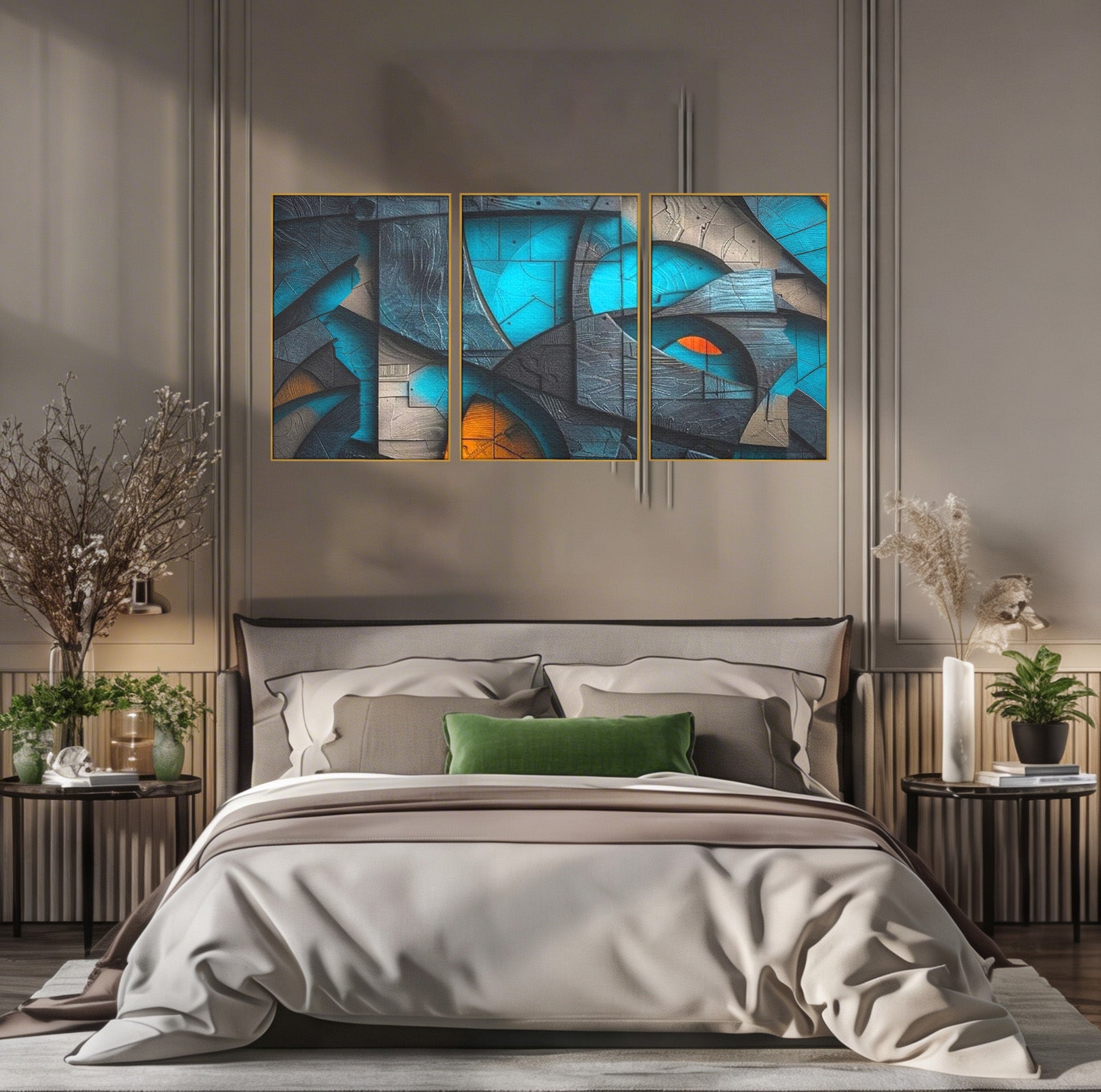Set 3 Tablouri Canvas Premium LuxCanva® C3-1274, Spatiul dintre ganduri, Geometrie, Albastru, Turcoaz, Abstract, Profunzime, Curbe, Industrial, Arhitectural, Umbre, Materie, Birou, Living, Dormitor