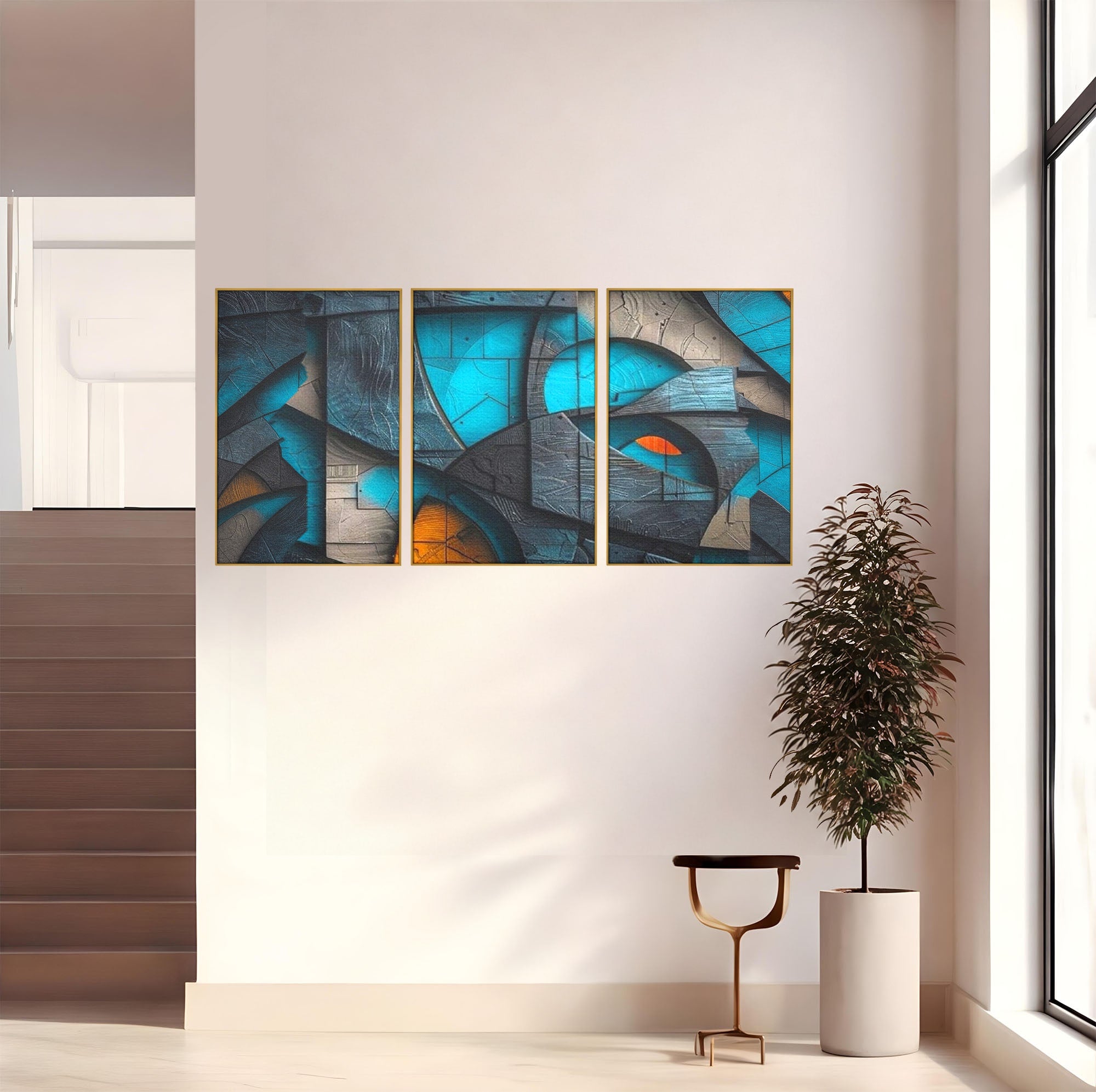 Set 3 Tablouri Canvas Premium LuxCanva® C3-1274, Spatiul dintre ganduri, Geometrie, Albastru, Turcoaz, Abstract, Profunzime, Curbe, Industrial, Arhitectural, Umbre, Materie, Birou, Living, Dormitor